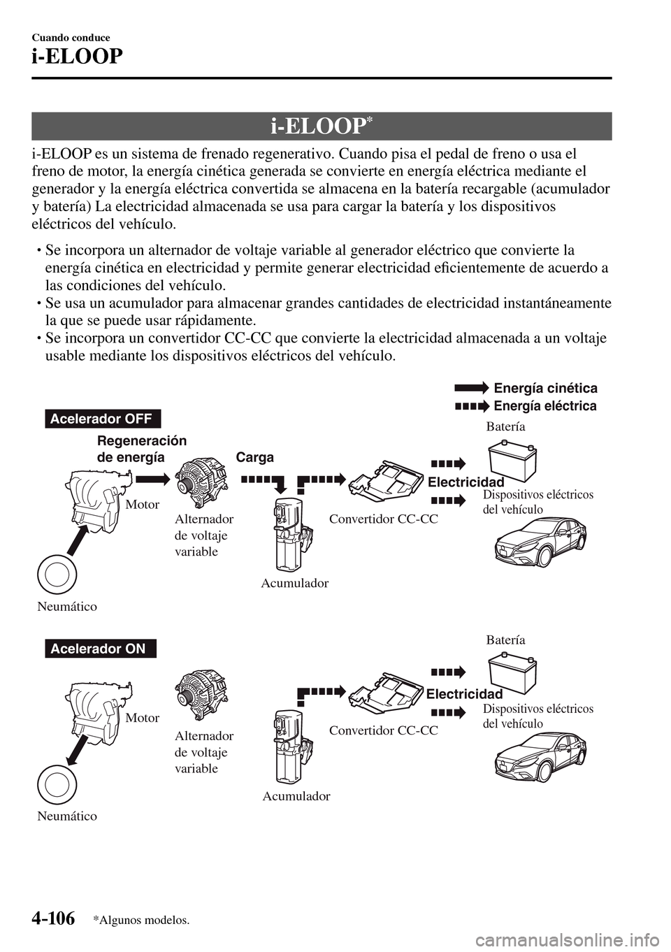 MAZDA MODEL 3 HATCHBACK 2016  Manual del propietario (in Spanish) 4–106
Cuando conduce
i-ELOOP
*Algunos modelos.
      i-ELOOP *
            i-ELOOP es un sistema de frenado regenerativo. Cuando pisa el pedal de freno o usa el 
freno de motor, la energía cinétic