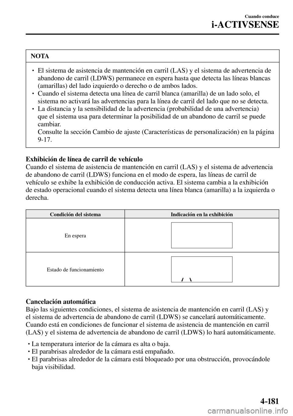 MAZDA MODEL 3 HATCHBACK 2016  Manual del propietario (in Spanish) 4–181
Cuando conduce
i-ACTIVSENSE
 NOTA
� � ��  El sistema de asistencia de mantención en carril (LAS) y el sistema de advertencia de 
abandono de carril (LDWS) permanece en espera hasta que det