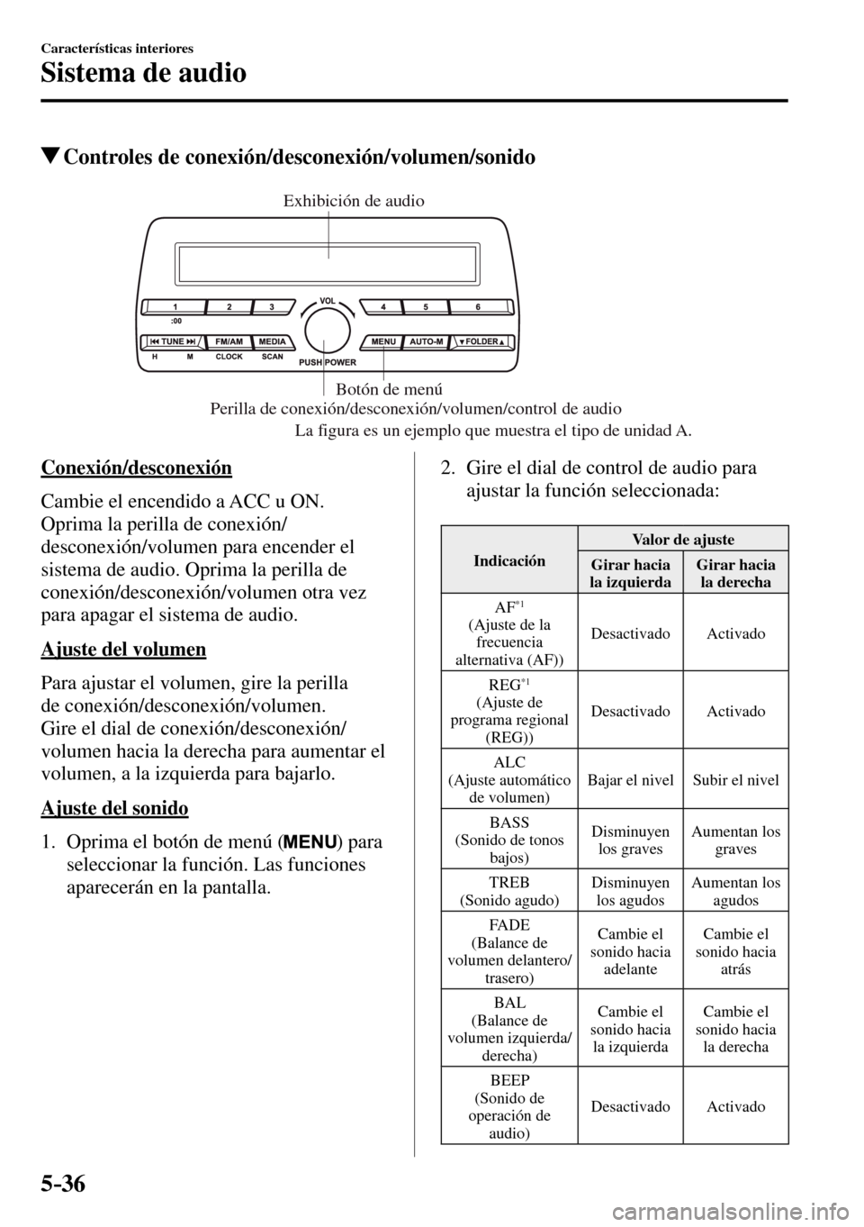 MAZDA MODEL 3 HATCHBACK 2016 Manual del propietario (in Spanish) 5–36
Características interiores
Sistema de audio
Controles de conexión/desconexión/volumen/sonido
Perilla de conexión/desconexión/volumen/control de audio
La figura es un ejemplo que muestra e MAZDA MODEL 3 HATCHBACK 2016 Manual del propietario (in Spanish) 5–36
Características interiores
Sistema de audio
Controles de conexión/desconexión/volumen/sonido
Perilla de conexión/desconexión/volumen/control de audio
La figura es un ejemplo que muestra e