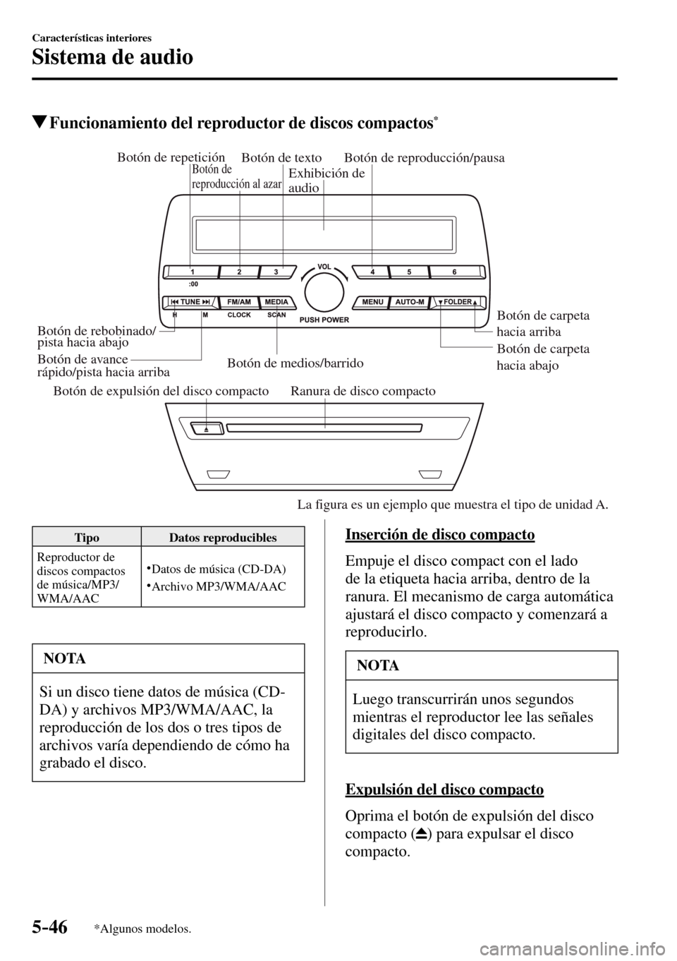 MAZDA MODEL 3 HATCHBACK 2016  Manual del propietario (in Spanish) 5–46
Características interiores
Sistema de audio
*Algunos modelos.
 Funcionamiento del reproductor de discos compactos *
Botón de expulsión del disco compacto Ranura de disco compactoBotón de me
