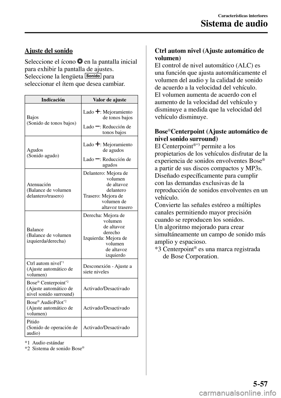 MAZDA MODEL 3 HATCHBACK 2016 Manual del propietario (in Spanish) 5–57
Características interiores
Sistema de audio
Ajuste del sonido
Seleccione el ícono
en la pantalla inicial
para exhibir la pantalla de ajustes.
Seleccione la lengüeta
pa MAZDA MODEL 3 HATCHBACK 2016 Manual del propietario (in Spanish) 5–57
Características interiores
Sistema de audio
Ajuste del sonido
Seleccione el ícono
en la pantalla inicial
para exhibir la pantalla de ajustes.
Seleccione la lengüeta
pa