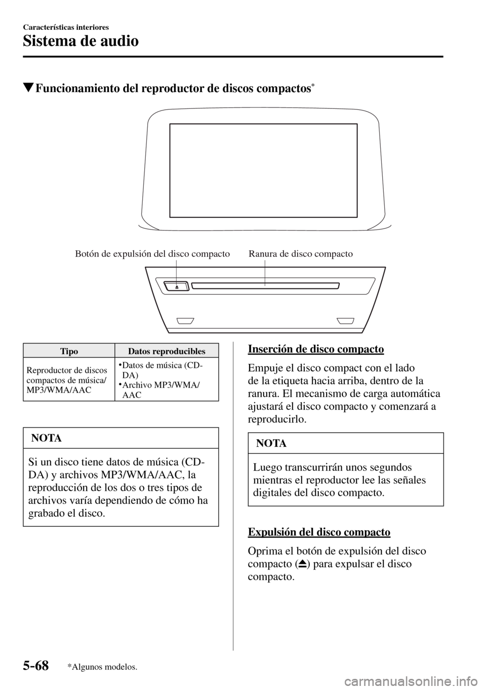 MAZDA MODEL 3 HATCHBACK 2016  Manual del propietario (in Spanish) 5–68
Características interiores
Sistema de audio
*Algunos modelos.
 Funcionamiento del reproductor de discos compactos *
Ranura de disco compactoBotón de expulsión del disco compacto
 Tipo   Dato