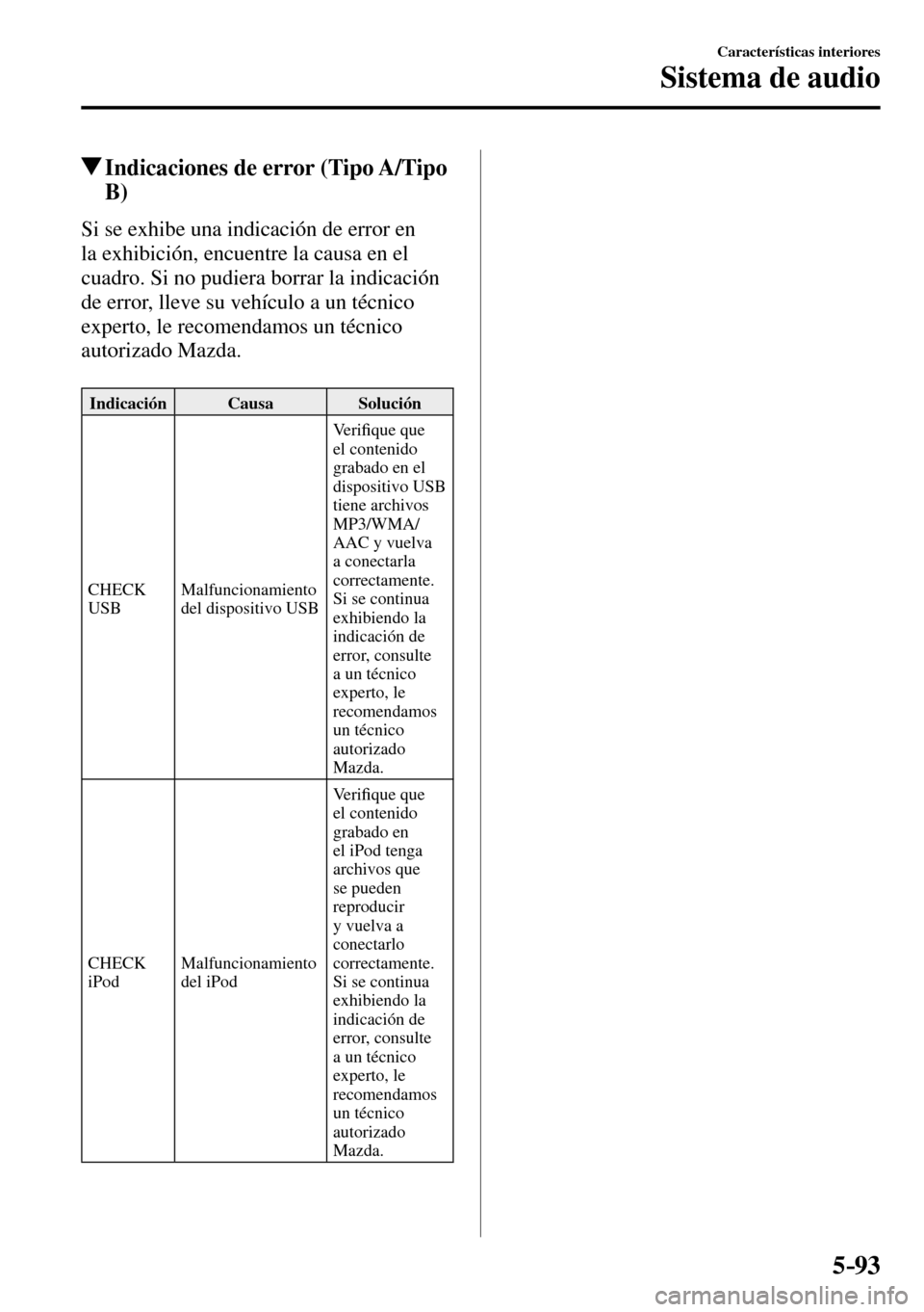 MAZDA MODEL 3 HATCHBACK 2016  Manual del propietario (in Spanish) 5–93
Características interiores
Sistema de audio
 Indicaciones de error (Tipo A/Tipo 
B)
    Si se exhibe una indicación de error en 
la exhibición, encuentre la causa en el 
cuadro. Si no pudier