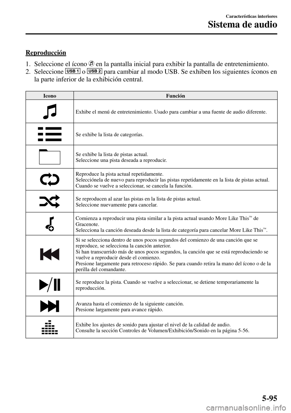 MAZDA MODEL 3 HATCHBACK 2016  Manual del propietario (in Spanish) 5–95
Características interiores
Sistema de audio
  Reproducción
     1.   Seleccione  el  ícono   
  en la pantalla inicial para exhibir la pantalla de entretenimiento.
   2.   Seleccione   
  o 