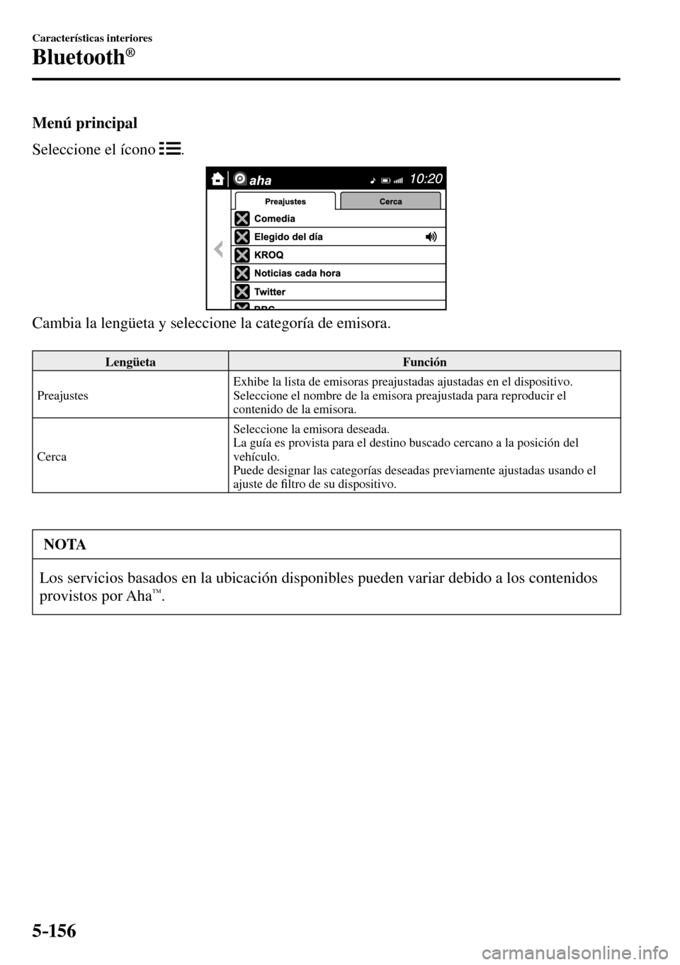 MAZDA MODEL 3 HATCHBACK 2016 Manual del propietario (in Spanish) 5–156
Características interiores
Bluetooth®
Menú principal
Seleccione el ícono
.
Cambia la lengüeta y seleccione la categoría de emisora.
Lengüeta Función
Preajustes Exh MAZDA MODEL 3 HATCHBACK 2016 Manual del propietario (in Spanish) 5–156
Características interiores
Bluetooth®
Menú principal
Seleccione el ícono
.
Cambia la lengüeta y seleccione la categoría de emisora.
Lengüeta Función
Preajustes Exh