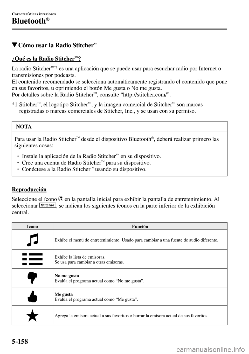 MAZDA MODEL 3 HATCHBACK 2016 Manual del propietario (in Spanish) 5–158
Características interiores
Bluetooth®
Cómo usar la Radio Stitcher™
¿Qué es la Radio Stitcher™?
La radio Stitcher
™*1 es una aplicación que se puede usar para escuch MAZDA MODEL 3 HATCHBACK 2016 Manual del propietario (in Spanish) 5–158
Características interiores
Bluetooth®
Cómo usar la Radio Stitcher™
¿Qué es la Radio Stitcher™?
La radio Stitcher
™*1 es una aplicación que se puede usar para escuch