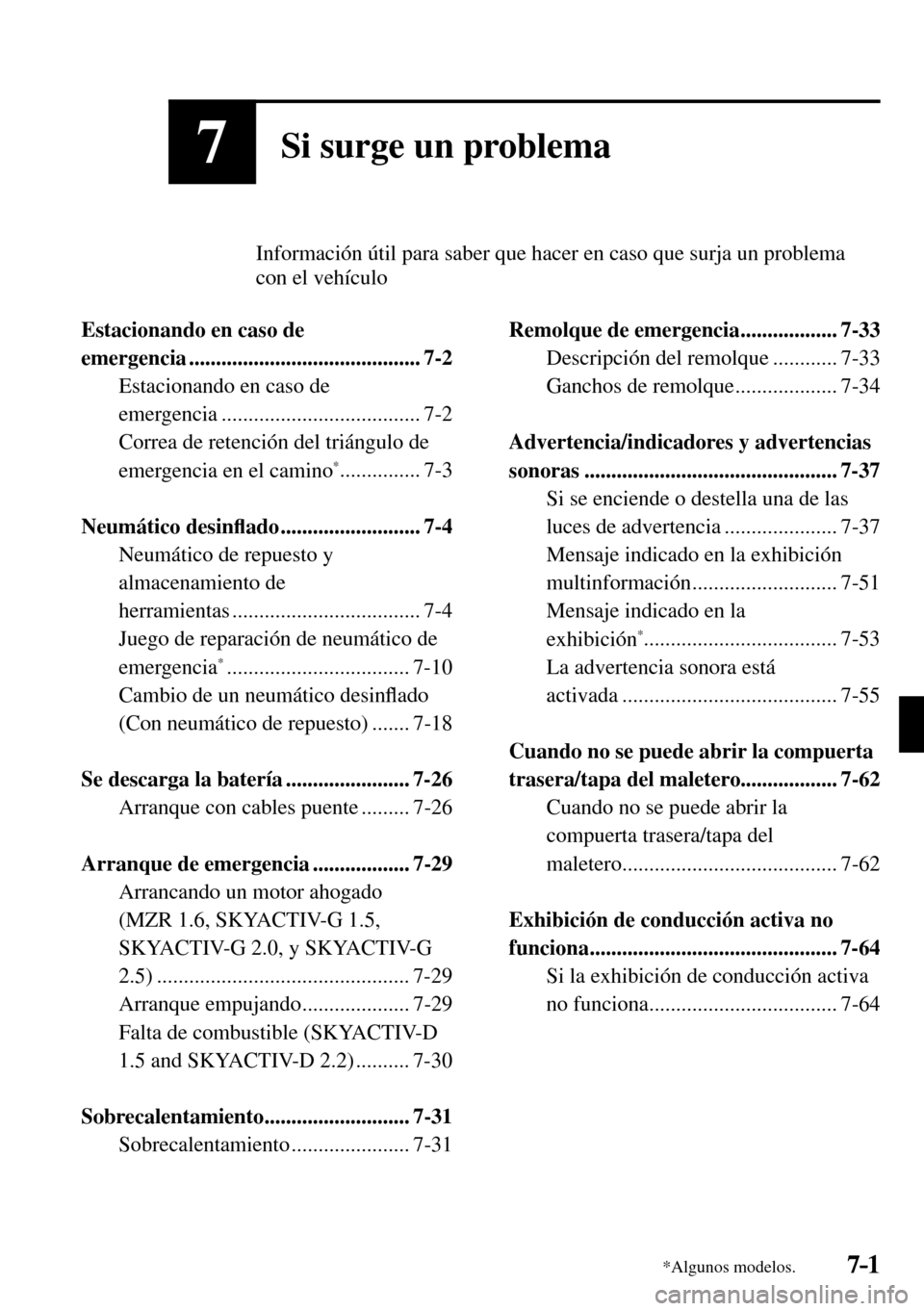 MAZDA MODEL 3 HATCHBACK 2016 Manual del propietario (in Spanish) 7–1*Algunos modelos.7–1
7Si surge un problema
Información útil para saber que hacer en caso que surja un problema
con el vehículo
Estacionando en caso de
emergencia .......... MAZDA MODEL 3 HATCHBACK 2016 Manual del propietario (in Spanish) 7–1*Algunos modelos.7–1
7Si surge un problema
Información útil para saber que hacer en caso que surja un problema
con el vehículo
Estacionando en caso de
emergencia ..........