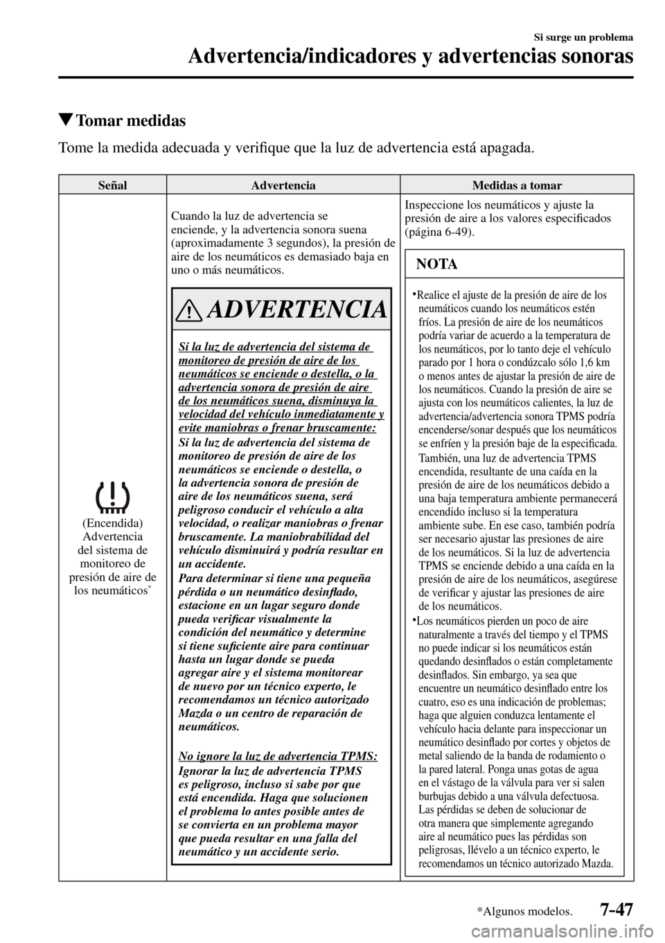 MAZDA MODEL 3 HATCHBACK 2016  Manual del propietario (in Spanish) 7–47
Si surge un problema
Advertencia/indicadores y advertencias sonoras
*Algunos modelos.
 Tomar  medidas
    Tome la medida adecuada y veri�¿ que que la luz de advertencia está apagada.
 Señal 