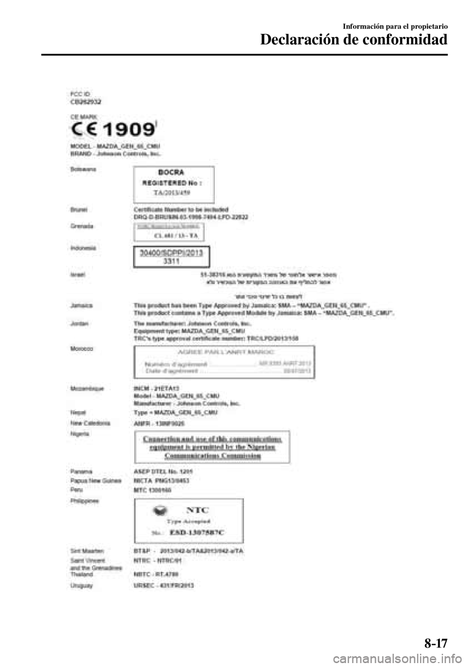 MAZDA MODEL 3 HATCHBACK 2016  Manual del propietario (in Spanish) 8–17
Información para el propietario
Declaración de conformidad
��������������������� 