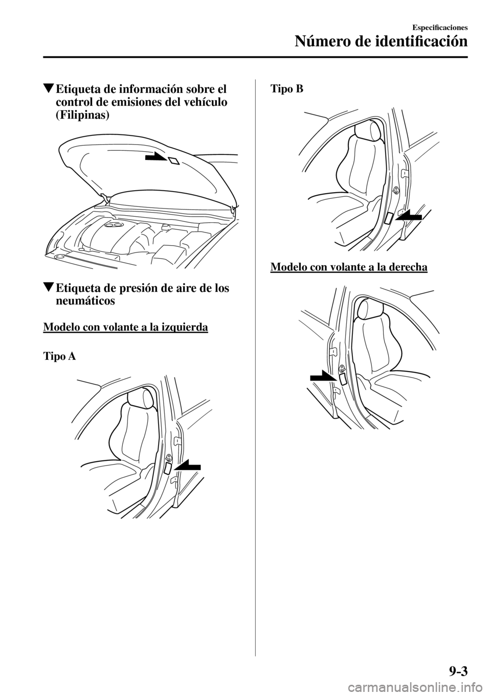 MAZDA MODEL 3 HATCHBACK 2016  Manual del propietario (in Spanish) 9–3
Especi�¿ caciones
Número de identi�¿ cación
 Etiqueta de información sobre el 
control de emisiones del vehículo 
(Filipinas)
 Etiqueta de presión de aire de los 
neumáticos
    Modelo c