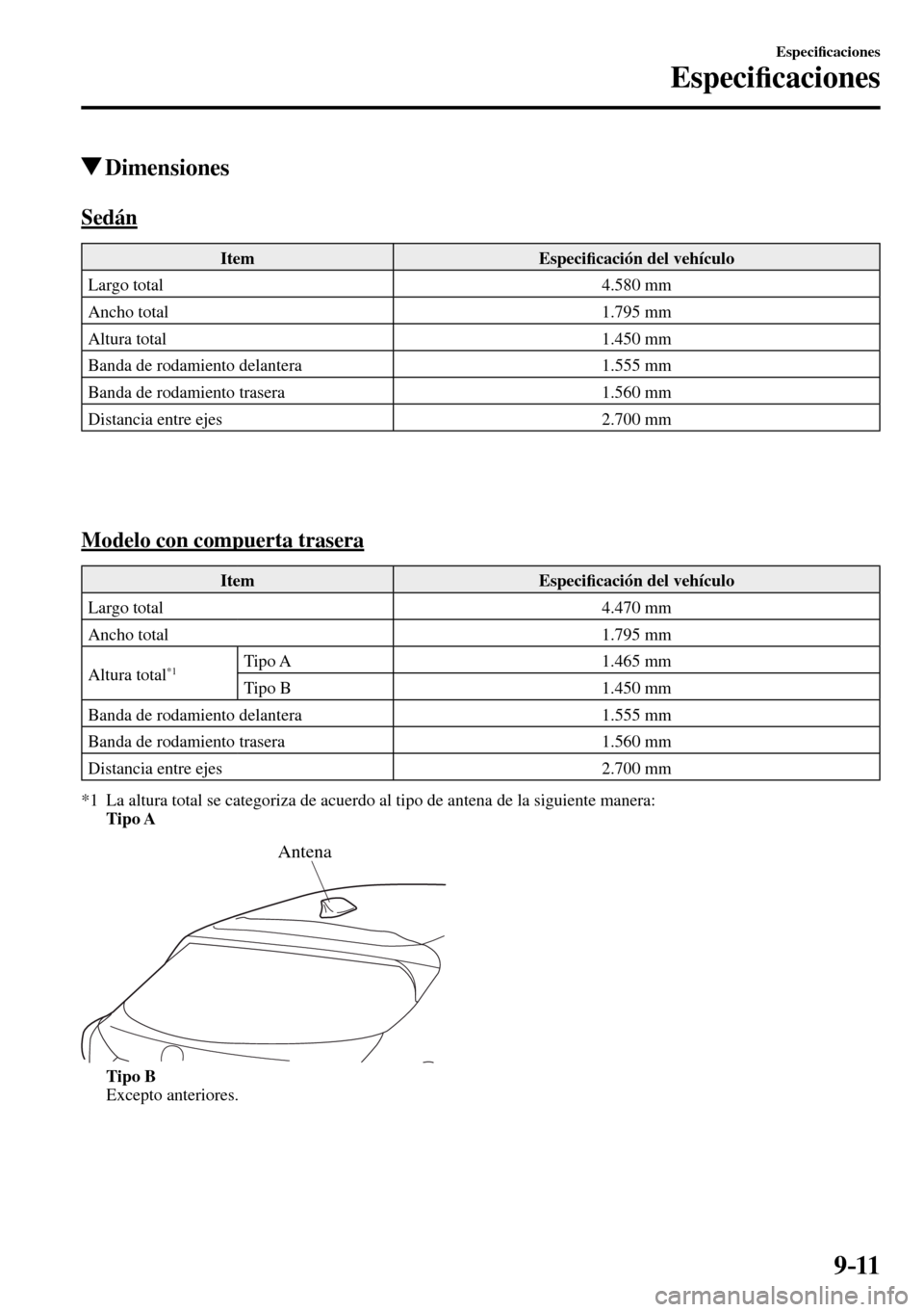 MAZDA MODEL 3 HATCHBACK 2016  Manual del propietario (in Spanish) 9–11
Especi�¿ caciones
Especi�¿ caciones
 Dimensiones
              S e d á n
 Item   Especi�¿ cación del vehículo 
 Largo  total   4.580  mm 
 Ancho  total   1.795  mm 
 Altura  total   1.450