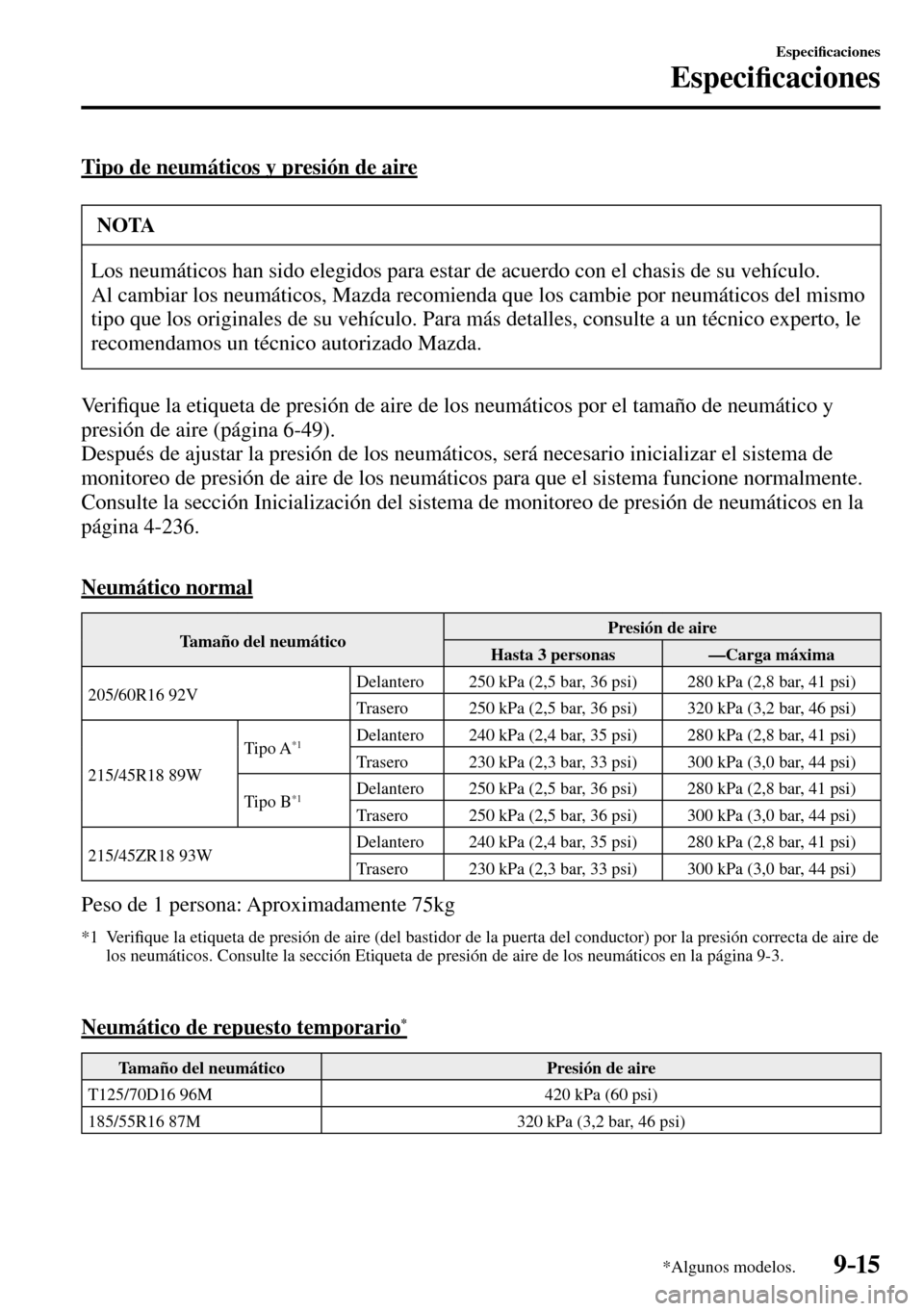 MAZDA MODEL 3 HATCHBACK 2016  Manual del propietario (in Spanish) 9–15
Especi�¿ caciones
Especi�¿ caciones
*Algunos modelos.
  Tipo de neumáticos y presión de aire
 NOTA
 Los neumáticos han sido elegidos para estar de acuerdo con el chasis de su vehículo. 
 