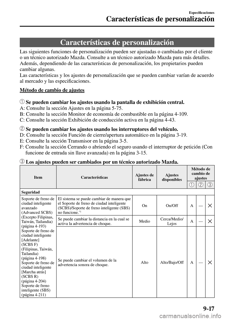 MAZDA MODEL 3 HATCHBACK 2016  Manual del propietario (in Spanish) 9–17
Especi�¿ caciones
Características de personalización
      Características  de  personalización
              Las  siguientes  funciones  de  personalización  pueden  ser  ajustadas  o  c