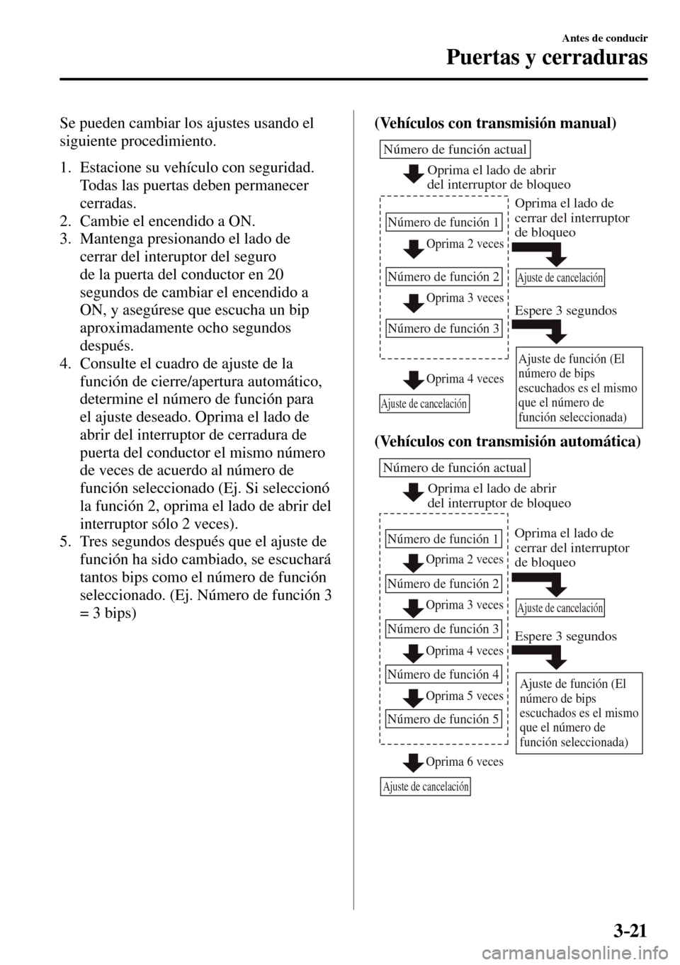 MAZDA MODEL 3 HATCHBACK 2016  Manual del propietario (in Spanish) 3–21
Antes de conducir
Puertas y cerraduras
  Se pueden cambiar los ajustes usando el 
siguiente procedimiento.
   1.   Estacione  su  vehículo  con  seguridad. 
Todas las puertas deben permanecer 