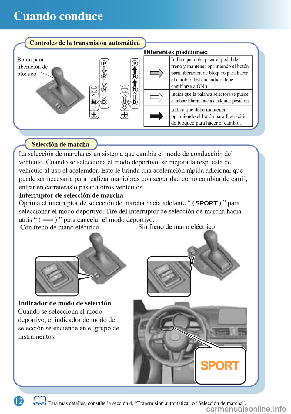 MAZDA MODEL 3 HATCHBACK 2016 Guía rápida (in Spanish) 12
Cuando conduce
Botón para
liberación de
bloqueo
Para más detalles, consulte la sección 4, “Transmisión automática” o “Selección de marcha”.
Selección de marcha
Interruptor de sel MAZDA MODEL 3 HATCHBACK 2016 Guía rápida (in Spanish) 12
Cuando conduce
Botón para
liberación de
bloqueo
Para más detalles, consulte la sección 4, “Transmisión automática” o “Selección de marcha”.
Selección de marcha
Interruptor de sel