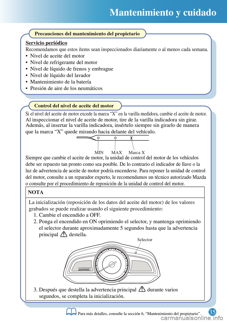 MAZDA MODEL 3 HATCHBACK 2016  Guía rápida (in Spanish)  35
Mantenimiento y cuidado
Selector
Marca X MAX MIN
Precauciones del mantenimiento del propietario
Servicio periódico
Recomendamos que estos ítems sean inspeccionados diariamente o al menos cada sem