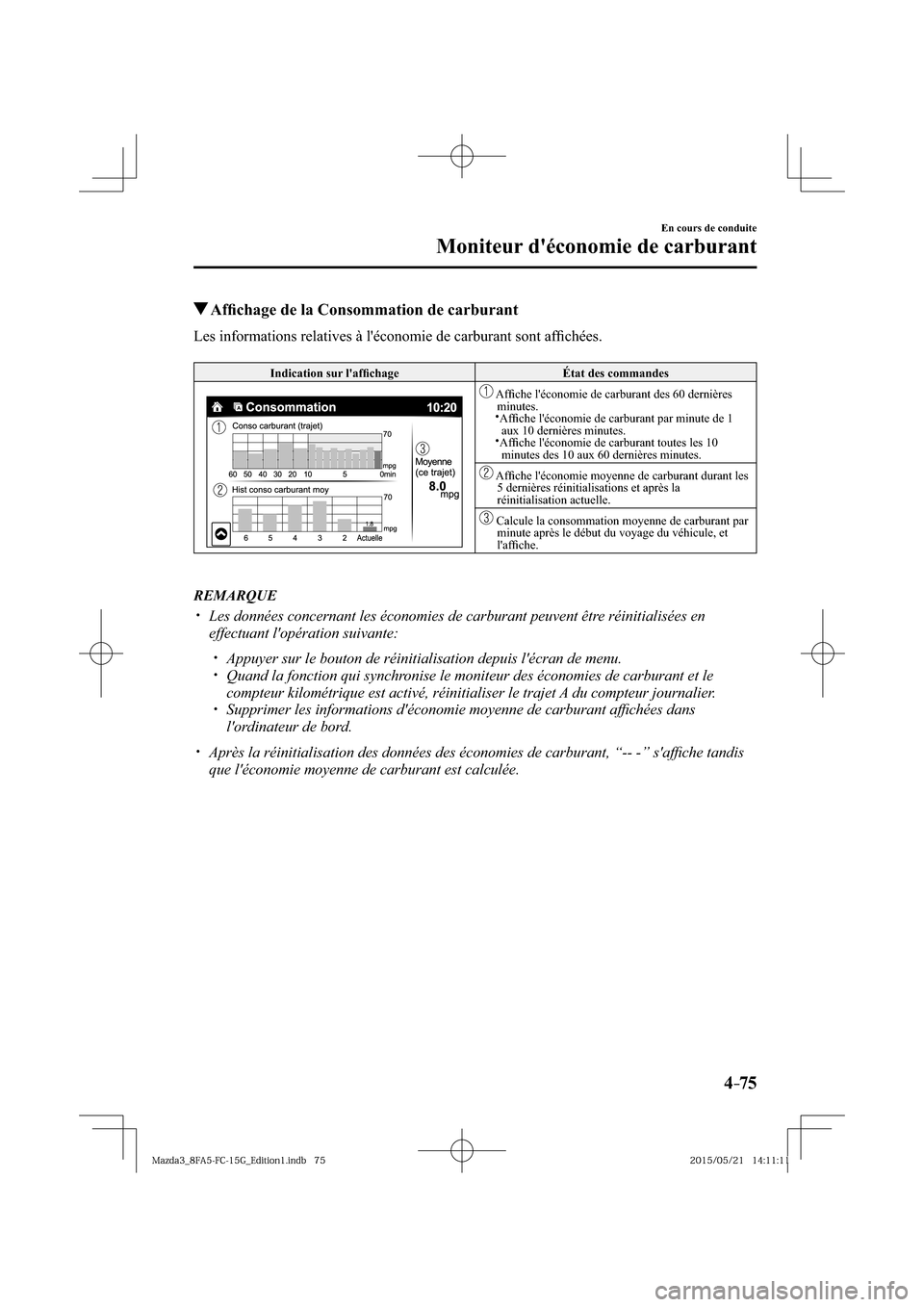 MAZDA MODEL 3 HATCHBACK 2016  Manuel du propriétaire (in French) 4–75
En cours de conduite
Moniteur déconomie de carburant
 Afﬁ chage de la Consommation de carburant
              Les  informations  relatives  à  léconomie  de  carburant  sont  afﬁ chée