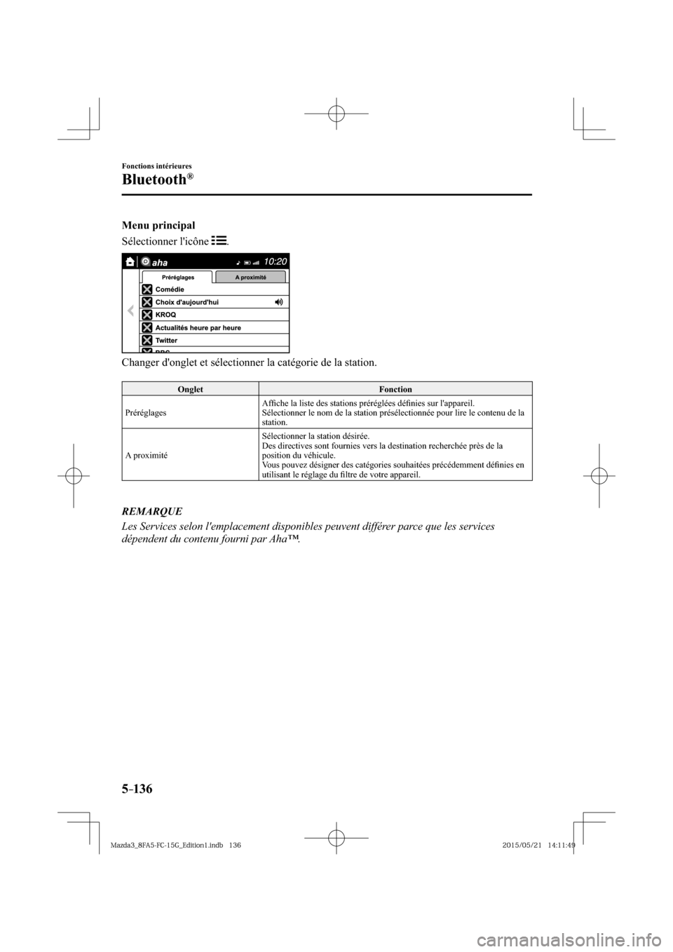 MAZDA MODEL 3 HATCHBACK 2016  Manuel du propriétaire (in French) 5–136
Fonctions intérieures
Bluetooth®
  Menu  principal
    Sélectionner  licône   
 .
  Changer donglet et sélectionner la catégorie de la station.
 Onglet   Fonction 
 Préréglages  Af