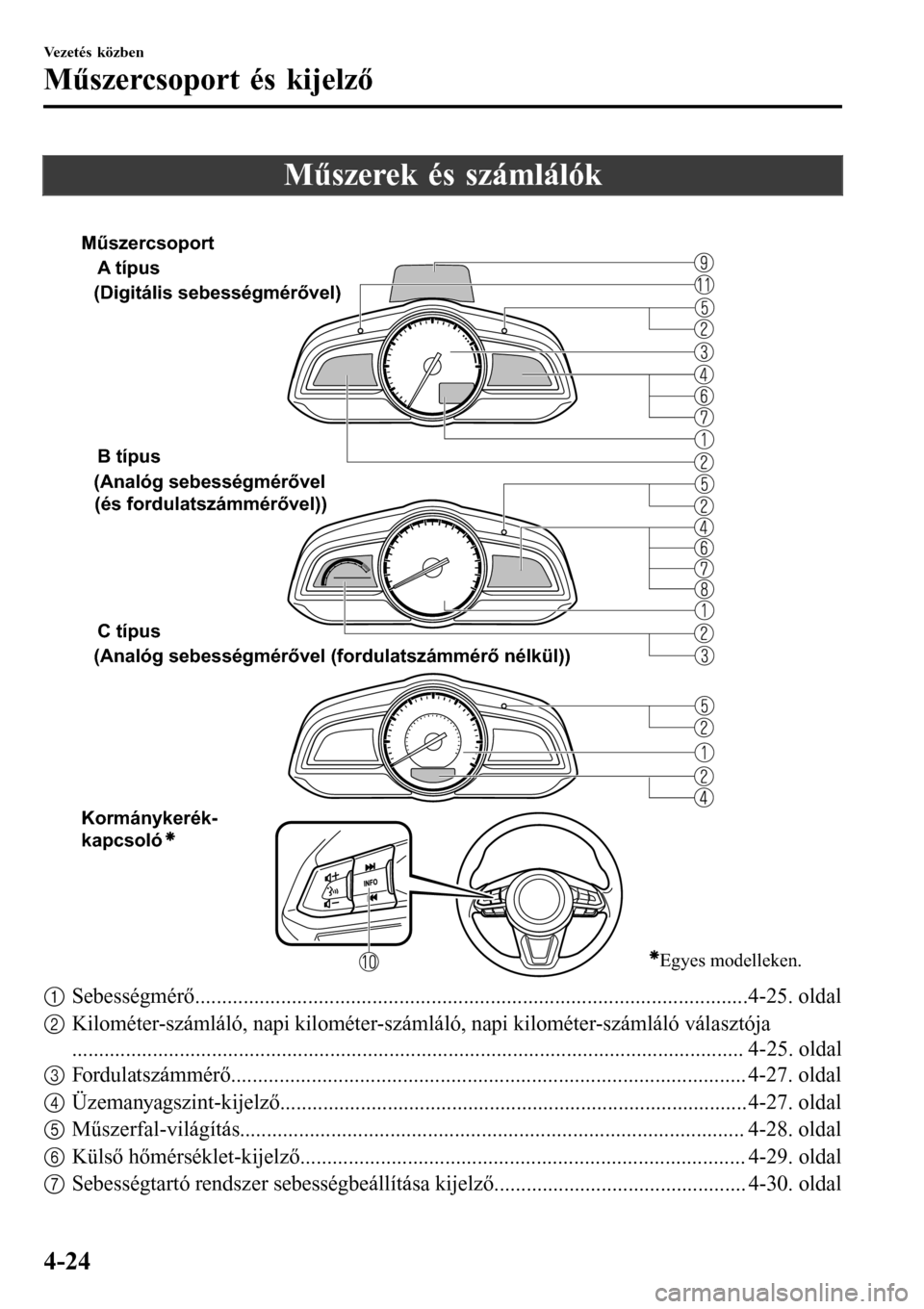 MAZDA MODEL 3 HATCHBACK 2016 Kezelési útmutató (in Hungarian) Műszerek és számlálók
A típus
B típus
C típus
Kormánykerék-
kapcsoló (Digitális sebességmérővel)
(Analóg sebességmérővel
(és fordulatszámmérővel))
(Analóg sebességmér MAZDA MODEL 3 HATCHBACK 2016 Kezelési útmutató (in Hungarian) Műszerek és számlálók
A típus
B típus
C típus
Kormánykerék-
kapcsoló (Digitális sebességmérővel)
(Analóg sebességmérővel
(és fordulatszámmérővel))
(Analóg sebességmér