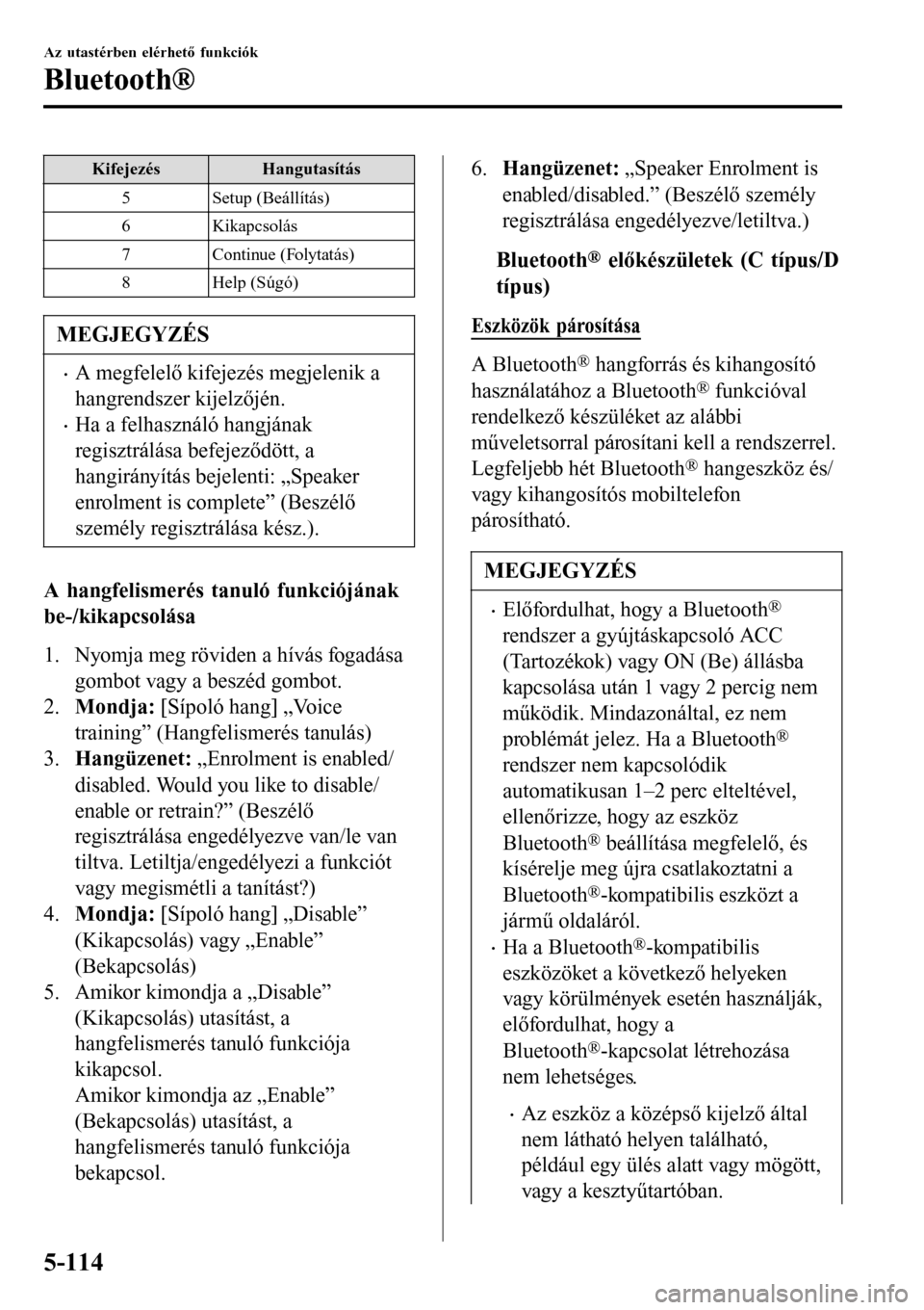 MAZDA MODEL 3 HATCHBACK 2016 Kezelési útmutató (in Hungarian) KifejezésHangutasítás
5 Setup (Beállítás)
6Kikapcsolás
7 Continue (Folytatás)
8 Help (Súgó)
MEGJEGYZÉS
•A megfelelő kifejezés megjelenik a
hangrendszer kijelzőjén.
•Ha a felhasznál MAZDA MODEL 3 HATCHBACK 2016 Kezelési útmutató (in Hungarian) KifejezésHangutasítás
5 Setup (Beállítás)
6Kikapcsolás
7 Continue (Folytatás)
8 Help (Súgó)
MEGJEGYZÉS
•A megfelelő kifejezés megjelenik a
hangrendszer kijelzőjén.
•Ha a felhasznál