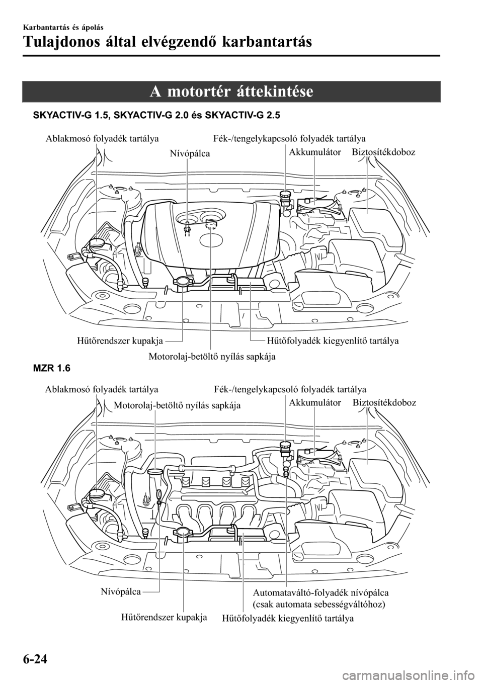 MAZDA MODEL 3 HATCHBACK 2016 Kezelési útmutató (in Hungarian) A motortér áttekintése
Ablakmosó folyadék tartálya Fék-/tengelykapcsoló folyadék tartálya
NívópálcaAkkumulátor
Biztosítékdoboz
Hűtőrendszer kupakja Hűtőfolyadék kiegyenlítő tart MAZDA MODEL 3 HATCHBACK 2016 Kezelési útmutató (in Hungarian) A motortér áttekintése
Ablakmosó folyadék tartálya Fék-/tengelykapcsoló folyadék tartálya
NívópálcaAkkumulátor
Biztosítékdoboz
Hűtőrendszer kupakja Hűtőfolyadék kiegyenlítő tart