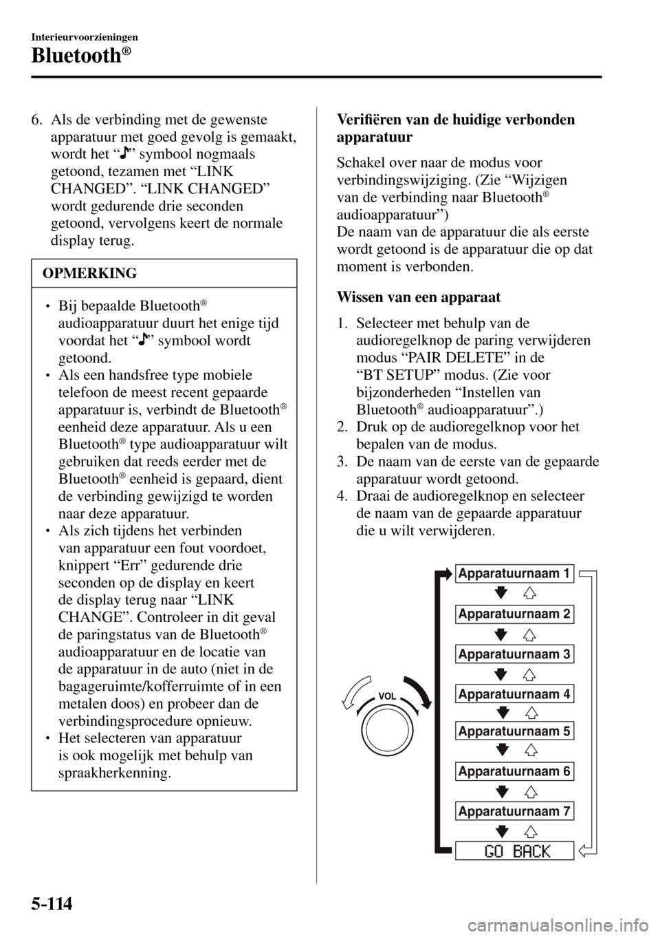 MAZDA MODEL 3 HATCHBACK 2016  Handleiding (in Dutch) 5–114
Interieurvoorzieningen
Bluetooth®
   6.  Als de verbinding met de gewenste 
apparatuur met goed gevolg is gemaakt, 
wordt het “
  ”  symbool  nogmaals 
getoond, tezamen met “ LINK 
CHAN