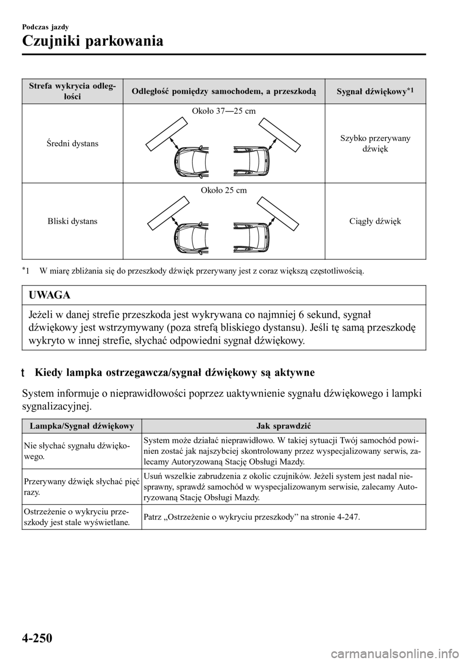 MAZDA MODEL 3 HATCHBACK 2016  Instrukcja Obsługi (in Polish) Strefa wykrycia odleg-
łościOdległość pomiędzy samochodem, a przeszkodą
Sygnał dźwiękowy*1
Średni dystansOkoło 37Š25 cmSzybko przerywany
dźwięk
Bliski dystansOkoło 25 cm
Ciągły dźw