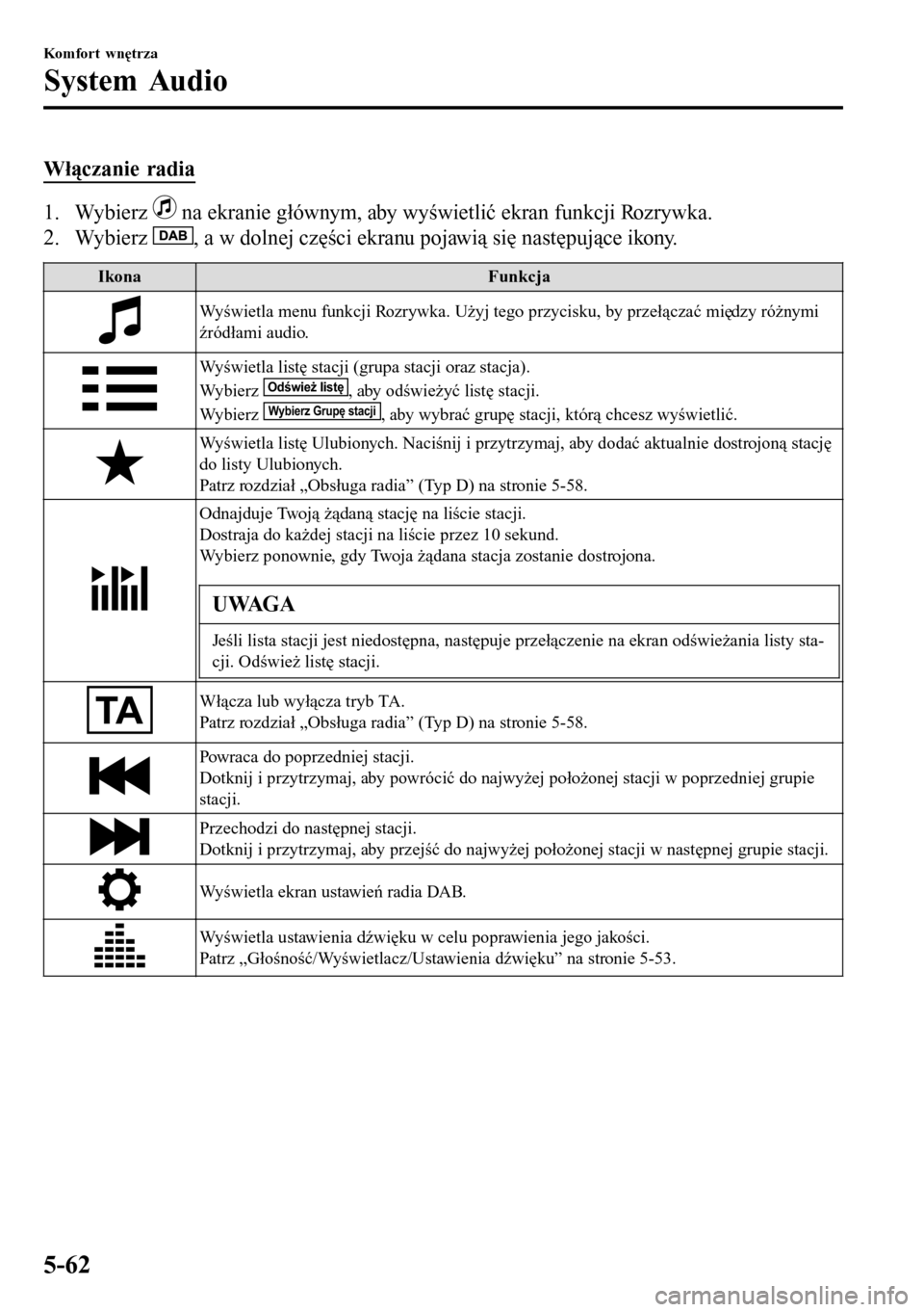 MAZDA MODEL 3 HATCHBACK 2016 Instrukcja Obsługi (in Polish) Włączanie radia
1. Wybierz na ekranie głównym, aby wyświetlić ekran funkcji Rozrywka.
2. Wybierz
, a w dolnej części ekranu pojawią się następujące ikony.
Ikona Funkcja
Wyświetla menu f MAZDA MODEL 3 HATCHBACK 2016 Instrukcja Obsługi (in Polish) Włączanie radia
1. Wybierz na ekranie głównym, aby wyświetlić ekran funkcji Rozrywka.
2. Wybierz
, a w dolnej części ekranu pojawią się następujące ikony.
Ikona Funkcja
Wyświetla menu f