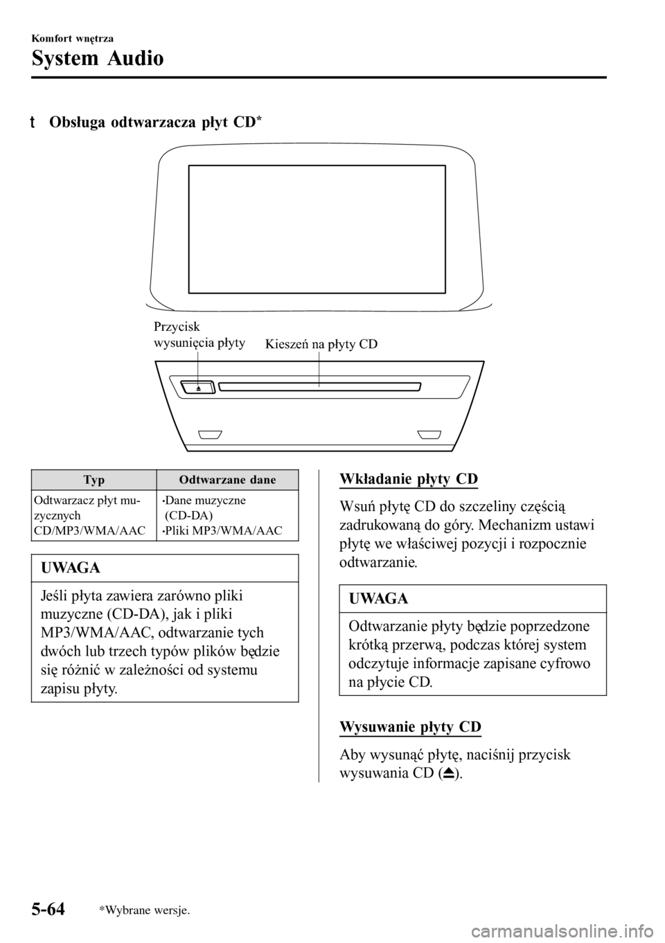 MAZDA MODEL 3 HATCHBACK 2016 Instrukcja Obsługi (in Polish) tObsługa odtwarzacza płyt CD*
Kieszeń na płyty CD
Przycisk
wysunięcia płyty
Typ Odtwarzane dane
Odtwarzacz płyt mu-
zycznych
CD/MP3/WMA/AAC
•Dane muzyczne
(CD-DA)
•Pliki MP3/WMA/AAC
UWAGA
MAZDA MODEL 3 HATCHBACK 2016 Instrukcja Obsługi (in Polish) tObsługa odtwarzacza płyt CD*
Kieszeń na płyty CD
Przycisk
wysunięcia płyty
Typ Odtwarzane dane
Odtwarzacz płyt mu-
zycznych
CD/MP3/WMA/AAC
•Dane muzyczne
(CD-DA)
•Pliki MP3/WMA/AAC
UWAGA