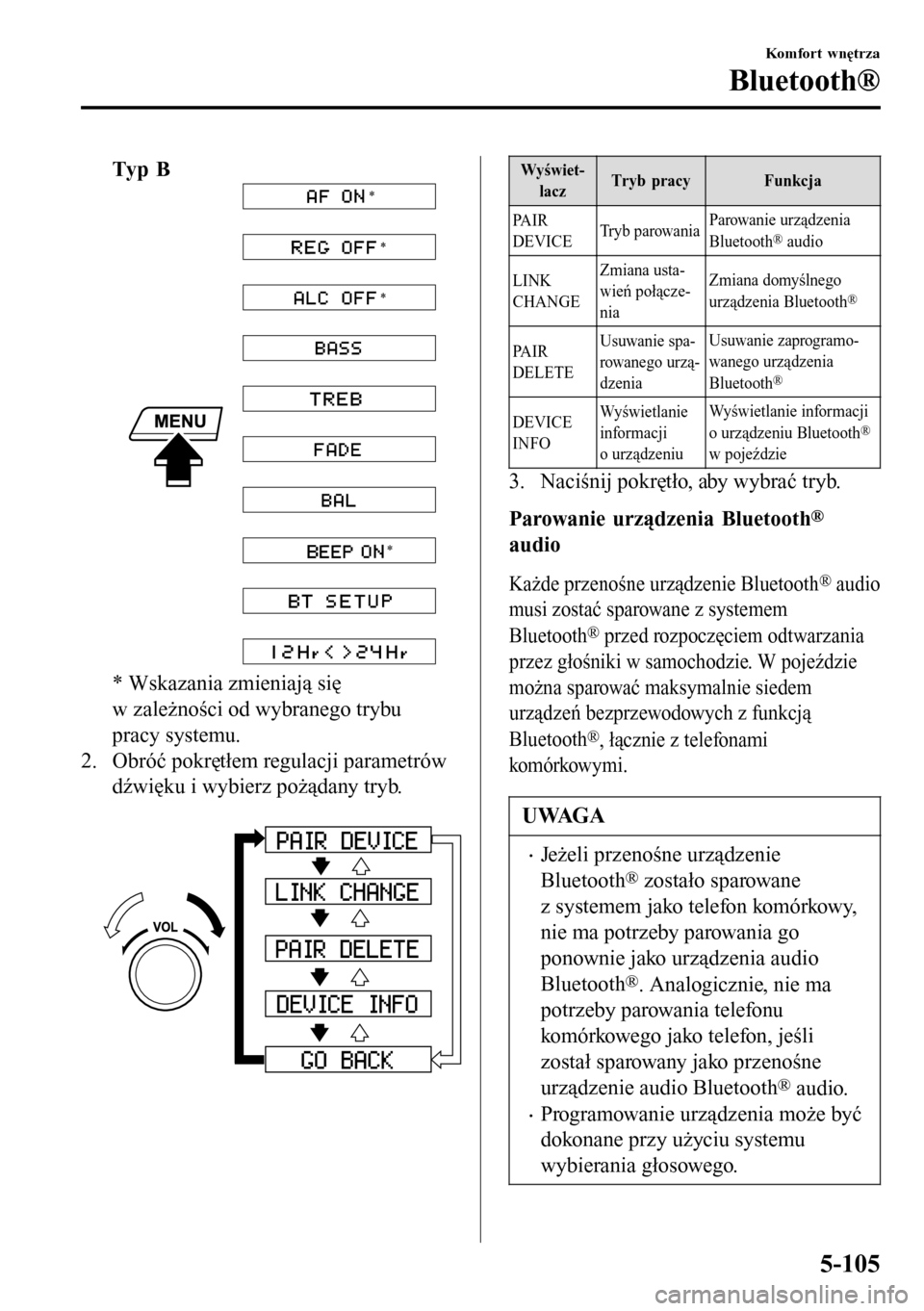 MAZDA MODEL 3 HATCHBACK 2016 Instrukcja Obsługi (in Polish) Typ B
* * *
*
* Wskazania zmieniają się
w zależności od wybranego trybu
pracy systemu.
2. Obróć pokrętłem regulacji parametrów
dźwięku i wybierz pożądany tryb.
Wyświet-
laczTryb pracy MAZDA MODEL 3 HATCHBACK 2016 Instrukcja Obsługi (in Polish) Typ B
* * *
*
* Wskazania zmieniają się
w zależności od wybranego trybu
pracy systemu.
2. Obróć pokrętłem regulacji parametrów
dźwięku i wybierz pożądany tryb.
Wyświet-
laczTryb pracy