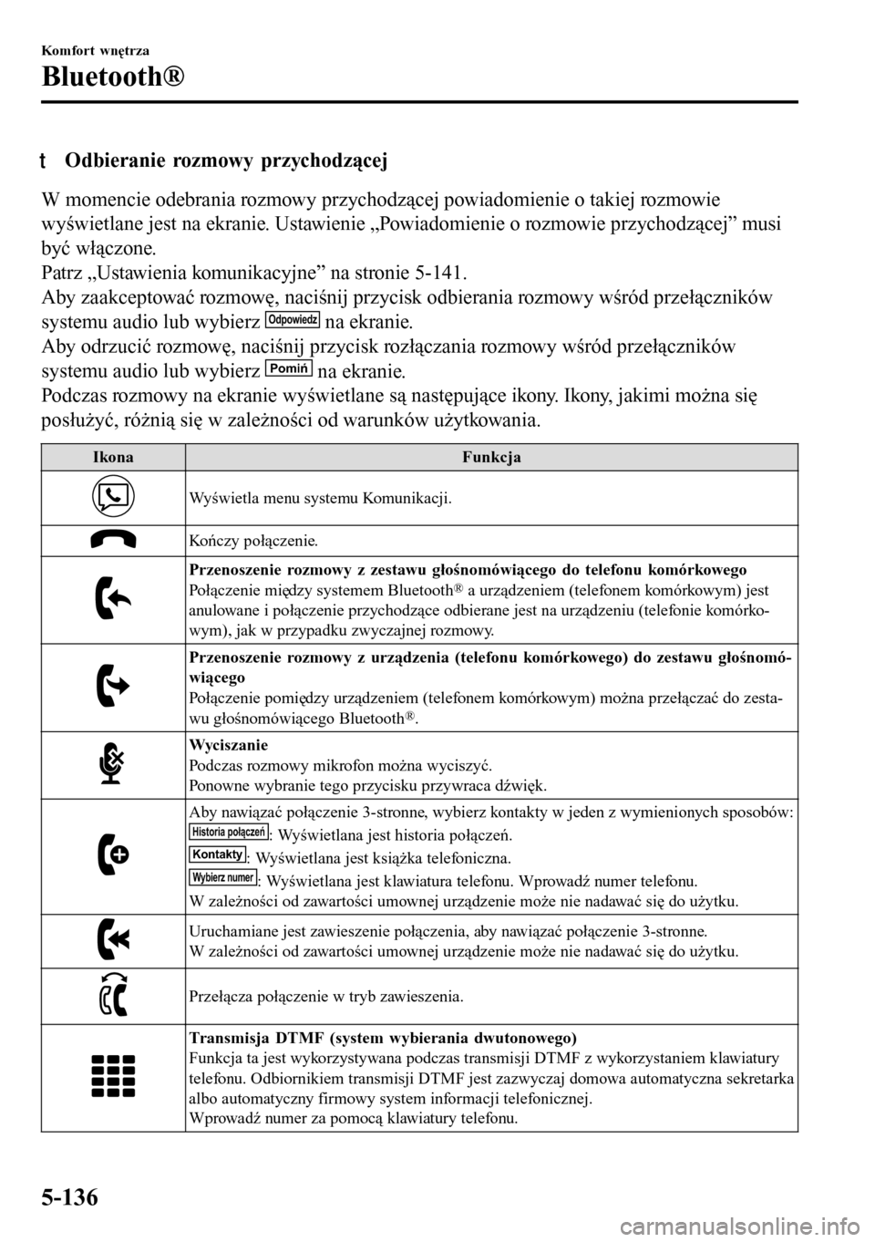 MAZDA MODEL 3 HATCHBACK 2016  Instrukcja Obsługi (in Polish) tOdbieranie rozmowy przychodzącej
W momencie odebrania rozmowy przychodzącej powiadomienie o takiej rozmowie
wyświetlane jest na ekranie. Ustawienie „Powiadomienie o rozmowie przychodzącej” mu