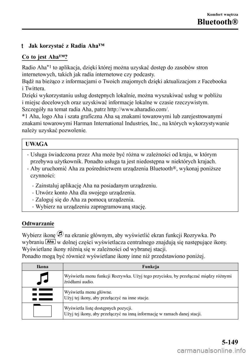 MAZDA MODEL 3 HATCHBACK 2016 Instrukcja Obsługi (in Polish) tJak korzystać z Radia Aha™
Co to jest Aha™?
Radio Aha*1 to aplikacja, dzięki której można uzyskać dostęp do zasobów stron
internetowych, takich jak radia internetowe czy podcasty.
Bądź n MAZDA MODEL 3 HATCHBACK 2016 Instrukcja Obsługi (in Polish) tJak korzystać z Radia Aha™
Co to jest Aha™?
Radio Aha*1 to aplikacja, dzięki której można uzyskać dostęp do zasobów stron
internetowych, takich jak radia internetowe czy podcasty.
Bądź n