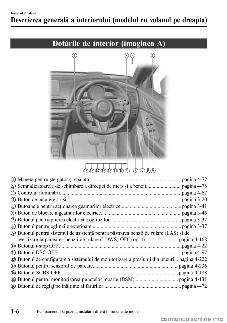 MAZDA MODEL 3 HATCHBACK 2016  Manualul de utilizare (in Romanian) Dotările de interior (imaginea A)
1Maneta pentru ștergător și spălător.................................................................... pagina 4-77
2Semnalizatoarele de schimbare a direcţiei