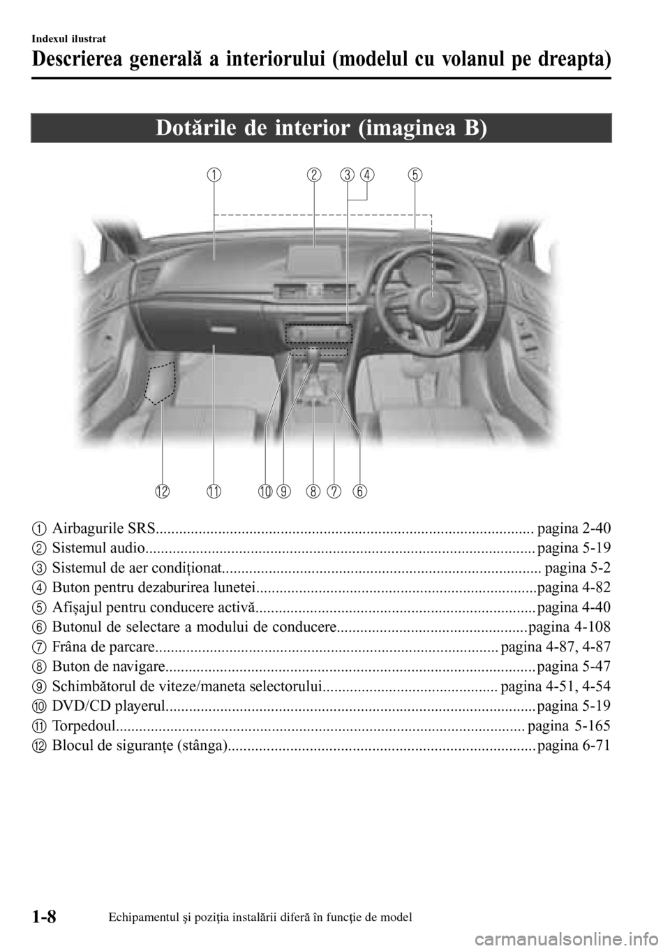 MAZDA MODEL 3 HATCHBACK 2016  Manualul de utilizare (in Romanian) Dotările de interior (imaginea B)
1Airbagurile SRS................................................................................................. pagina 2-40
2Sistemul audio........................