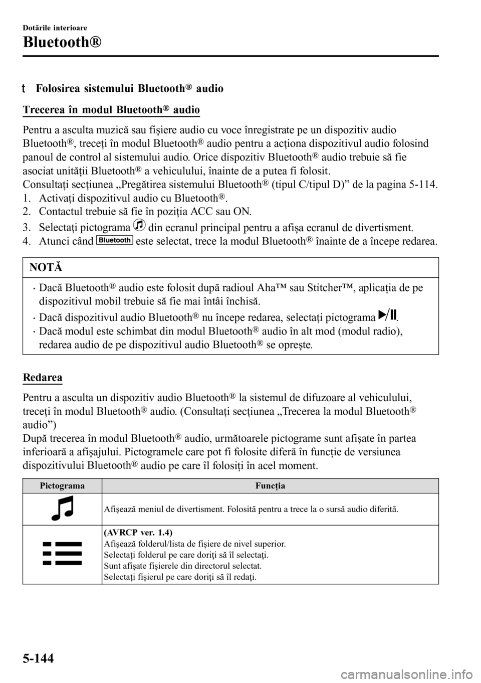 MAZDA MODEL 3 HATCHBACK 2016 Manualul de utilizare (in Romanian) tFolosirea sistemului Bluetooth® audio
Trecerea în modul Bluetooth® audio
Pentru a asculta muzică sau fișiere audio cu voce înregistrate pe un dispozitiv audio
Bluetooth®, treceţi în modul Bl MAZDA MODEL 3 HATCHBACK 2016 Manualul de utilizare (in Romanian) tFolosirea sistemului Bluetooth® audio
Trecerea în modul Bluetooth® audio
Pentru a asculta muzică sau fișiere audio cu voce înregistrate pe un dispozitiv audio
Bluetooth®, treceţi în modul Bl