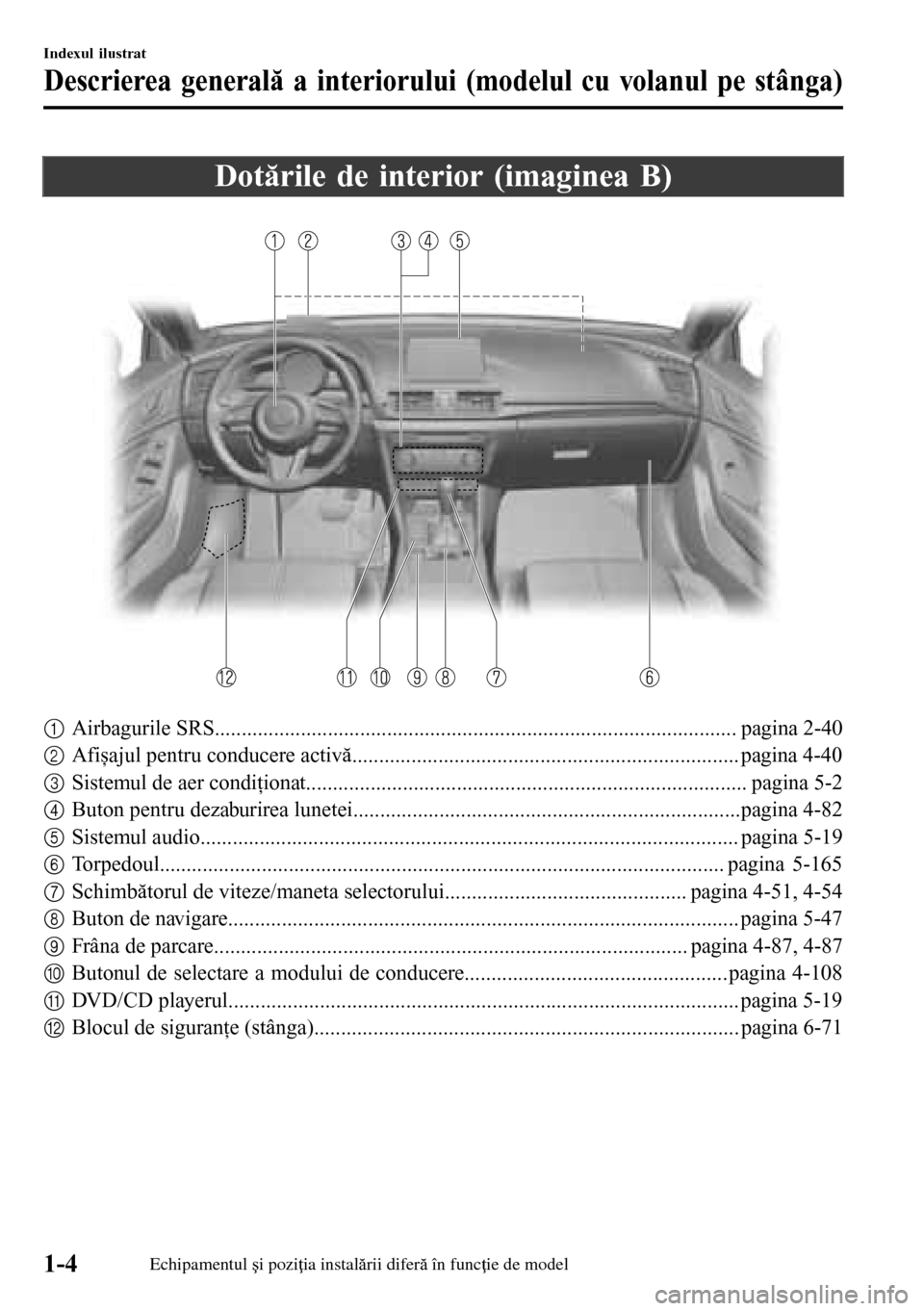 MAZDA MODEL 3 HATCHBACK 2016  Manualul de utilizare (in Romanian) Dotările de interior (imaginea B)
1Airbagurile SRS................................................................................................. pagina 2-40
2Afișajul pentru conducere activă....