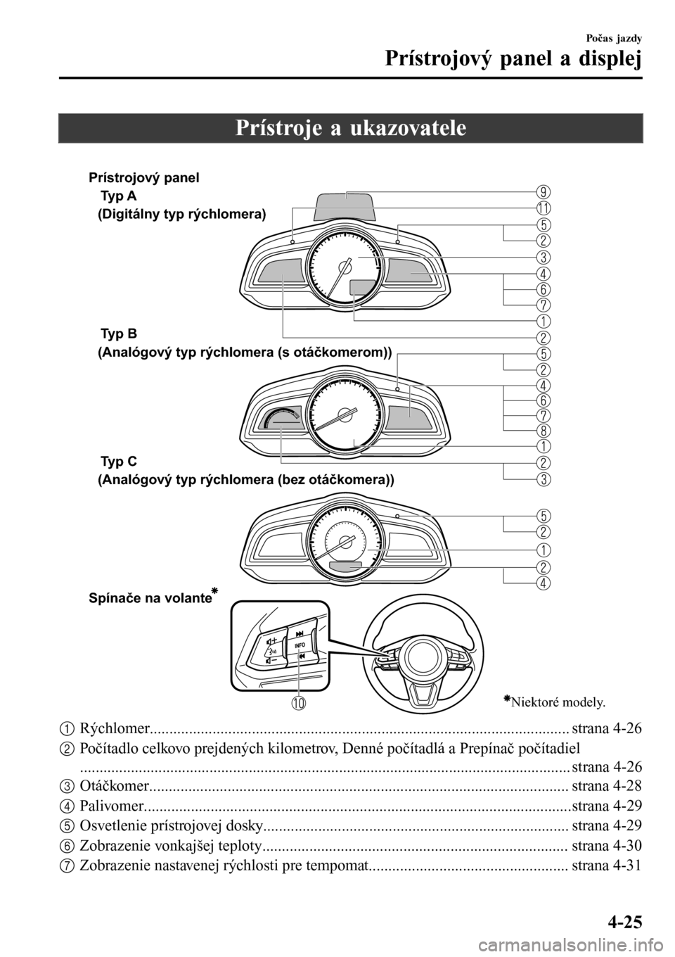 MAZDA MODEL 3 HATCHBACK 2016 Užívateľská príručka (in Slovak) Prístroje a ukazovatele
Ty p A
Ty p B
Ty p C
Spínače na volante (Digitálny typ rýchlomera)
(Analógový typ rýchlomera (s otáčkomerom))
(Analógový typ rýchlomera (bez otáčkomer MAZDA MODEL 3 HATCHBACK 2016 Užívateľská príručka (in Slovak) Prístroje a ukazovatele
Ty p A
Ty p B
Ty p C
Spínače na volante (Digitálny typ rýchlomera)
(Analógový typ rýchlomera (s otáčkomerom))
(Analógový typ rýchlomera (bez otáčkomer