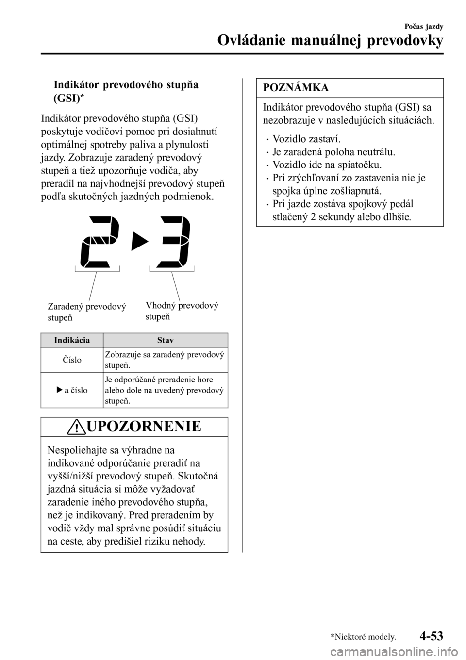 MAZDA MODEL 3 HATCHBACK 2016 Užívateľská príručka (in Slovak) tIndikátor prevodového stupňa
(GSI)
*
Indikátor prevodového stupňa (GSI)
poskytuje vodičovi pomoc pri dosiahnutí
optimálnej spotreby paliva a plynulosti
jazdy. Zobrazuje zaradený prevodový
MAZDA MODEL 3 HATCHBACK 2016 Užívateľská príručka (in Slovak) tIndikátor prevodového stupňa
(GSI)
*
Indikátor prevodového stupňa (GSI)
poskytuje vodičovi pomoc pri dosiahnutí
optimálnej spotreby paliva a plynulosti
jazdy. Zobrazuje zaradený prevodový