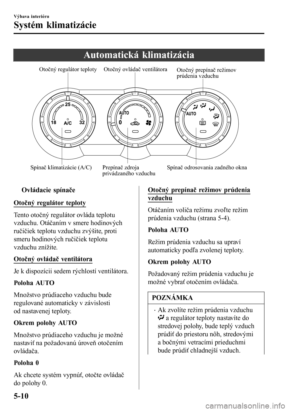 MAZDA MODEL 3 HATCHBACK 2016  Užívateľská príručka (in Slovak) Automatická klimatizácia
Spínač odrosovania zadného okna Otočný regulátor teploty
Otočný ovládač ventilátoraOtočný prepínač režimov 
prúdenia vzduchu
Spínač klimatizácie (A/C)Pre