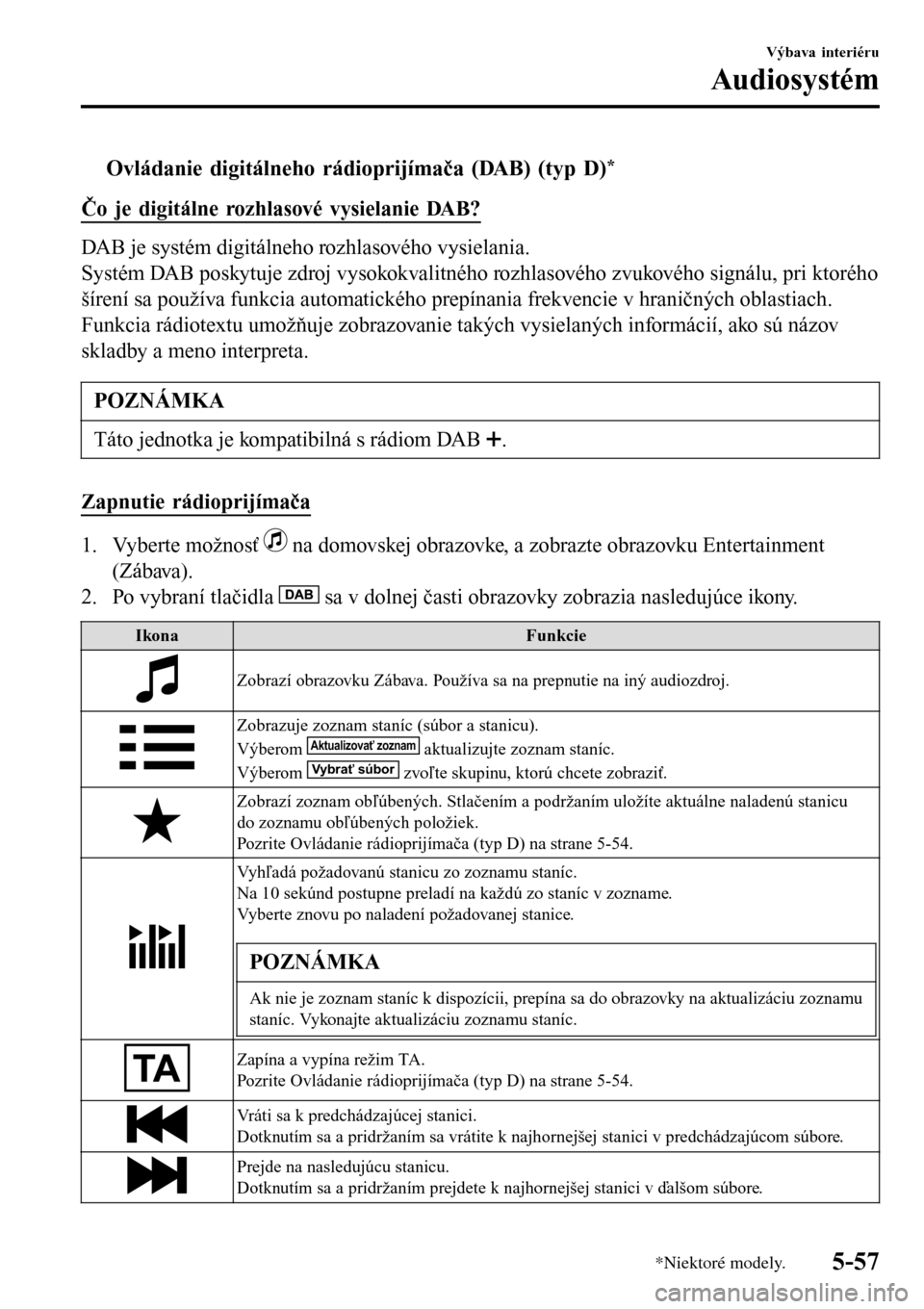 MAZDA MODEL 3 HATCHBACK 2016 Užívateľská príručka (in Slovak) tOvládanie digitálneho rádioprijímača (DAB) (typ D)*
Čo je digitálne rozhlasové vysielanie DAB?
DAB je systém digitálneho rozhlasového vysielania.
Systém DAB poskytuje zdroj vysokokvalitn MAZDA MODEL 3 HATCHBACK 2016 Užívateľská príručka (in Slovak) tOvládanie digitálneho rádioprijímača (DAB) (typ D)*
Čo je digitálne rozhlasové vysielanie DAB?
DAB je systém digitálneho rozhlasového vysielania.
Systém DAB poskytuje zdroj vysokokvalitn
