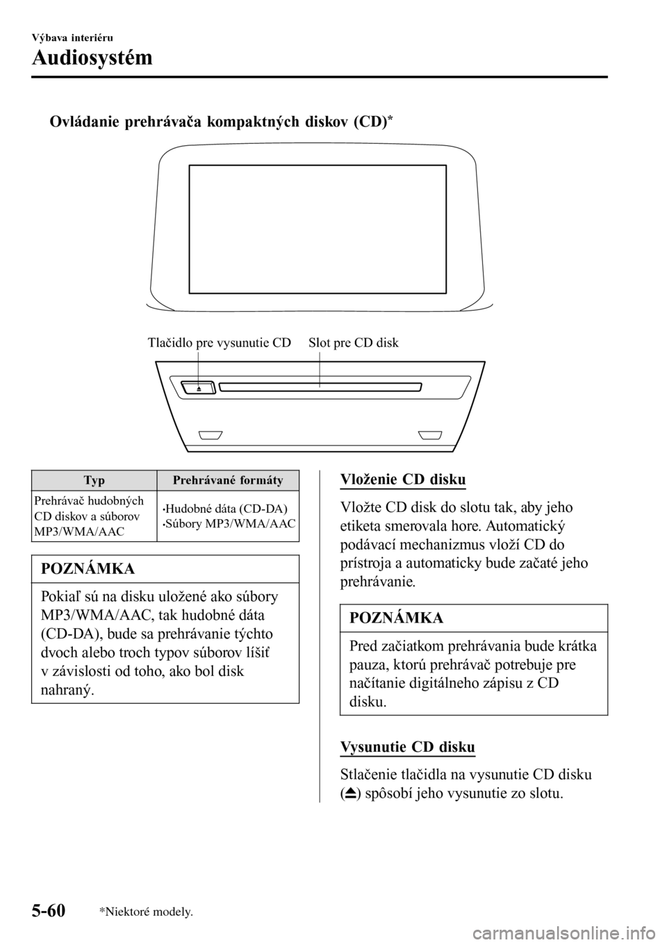 MAZDA MODEL 3 HATCHBACK 2016 Užívateľská príručka (in Slovak) tOvládanie prehrávača kompaktných diskov (CD)*
Slot pre CD diskTlačidlo pre vysunutie CD
TypPrehrávané formáty
Prehrávač hudobných
CD diskov a súborov
MP3/WMA/AAC
•Hudobné dáta (CD-DA) MAZDA MODEL 3 HATCHBACK 2016 Užívateľská príručka (in Slovak) tOvládanie prehrávača kompaktných diskov (CD)*
Slot pre CD diskTlačidlo pre vysunutie CD
TypPrehrávané formáty
Prehrávač hudobných
CD diskov a súborov
MP3/WMA/AAC
•Hudobné dáta (CD-DA)