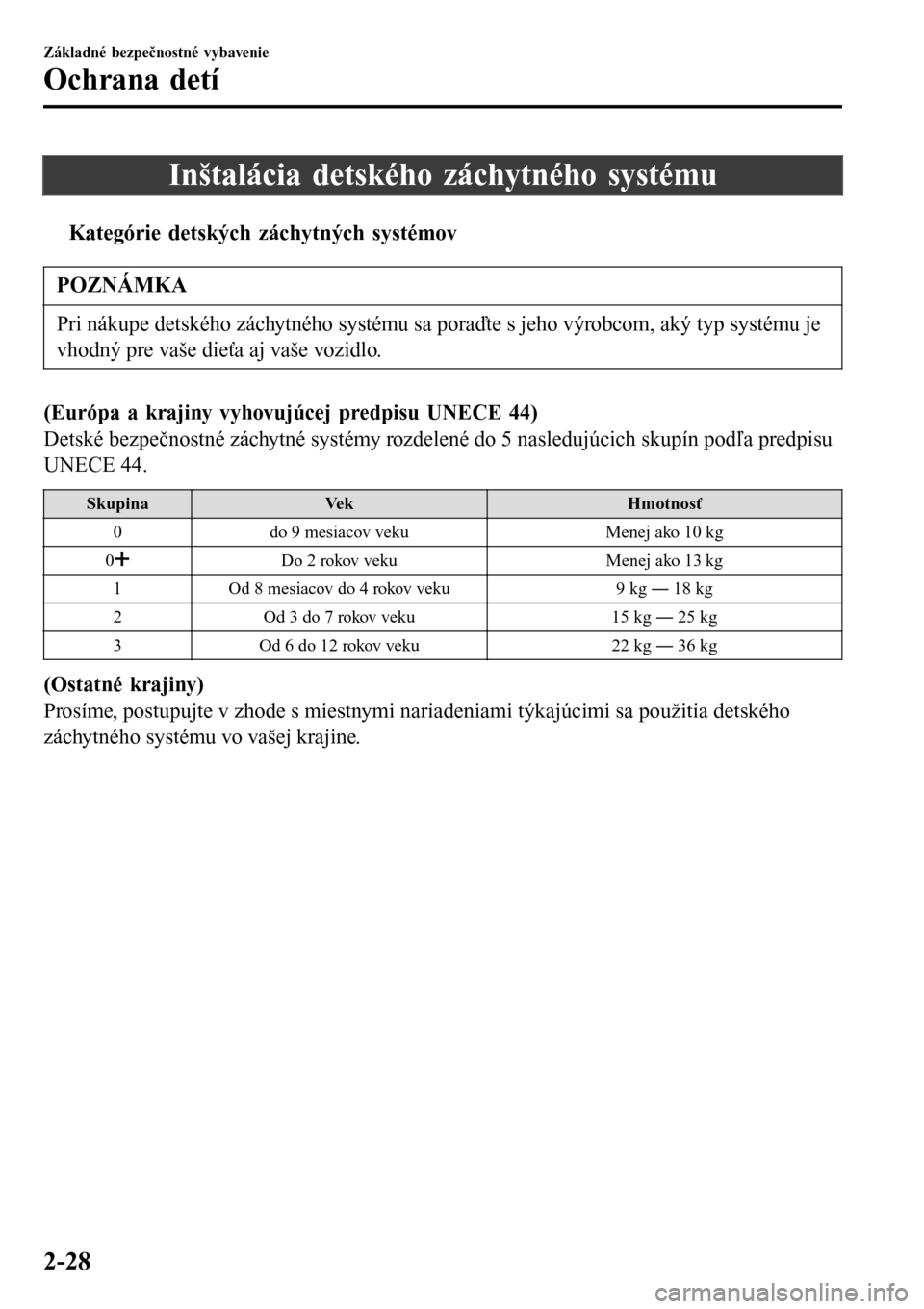 MAZDA MODEL 3 HATCHBACK 2016  Užívateľská príručka (in Slovak) Inštalácia detského záchytného systému
tKategórie detských záchytných systémov
POZNÁMKA
Pri nákupe detského záchytného systému sa poraďte s jeho výrobcom, aký typ systému je
vhodn