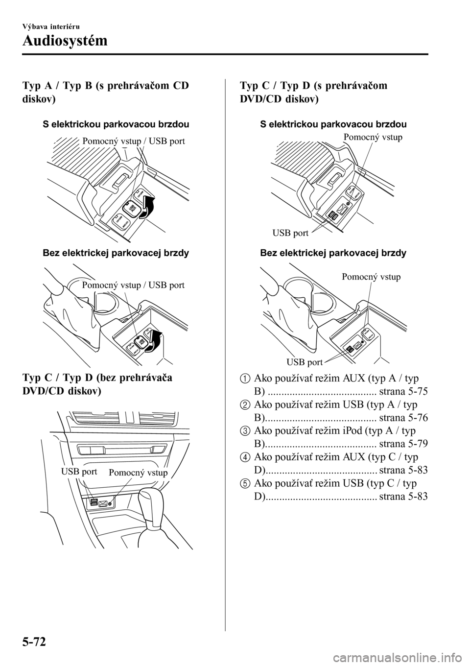 MAZDA MODEL 3 HATCHBACK 2016 Užívateľská príručka (in Slovak) Typ A / Typ B (s prehrávačom CD
diskov)
S elektrickou parkovacou brzdou
Bez elektrickej parkovacej brzdy
Pomocný vstup / USB port
Pomocný vstup / USB port
Typ C / Typ D (bez prehrávača
DVD/CD MAZDA MODEL 3 HATCHBACK 2016 Užívateľská príručka (in Slovak) Typ A / Typ B (s prehrávačom CD
diskov)
S elektrickou parkovacou brzdou
Bez elektrickej parkovacej brzdy
Pomocný vstup / USB port
Pomocný vstup / USB port
Typ C / Typ D (bez prehrávača
DVD/CD