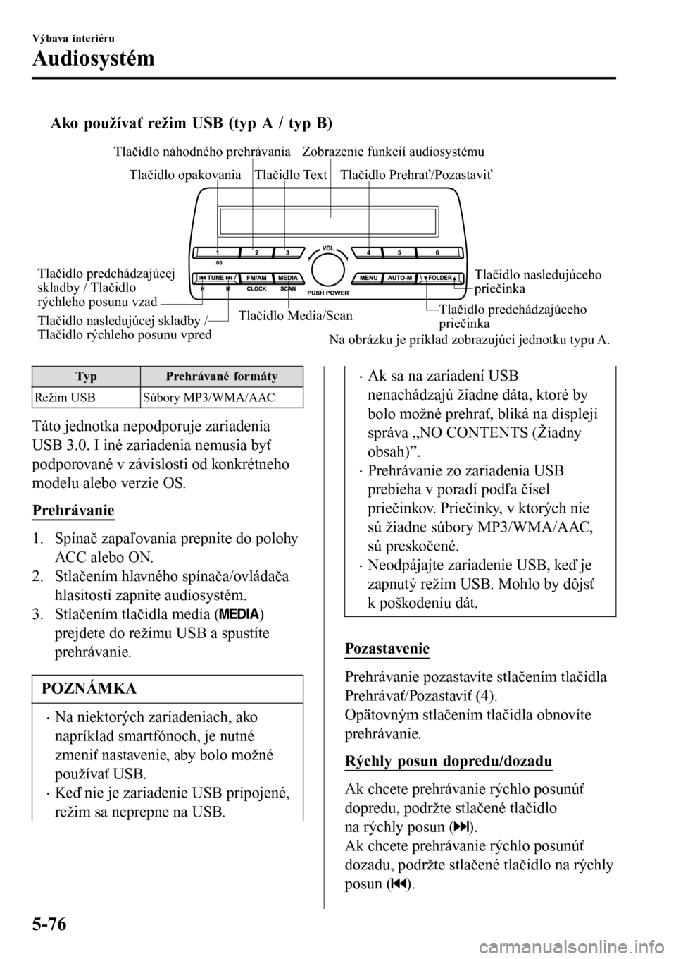 MAZDA MODEL 3 HATCHBACK 2016 Užívateľská príručka (in Slovak) tAko používať režim USB (typ A / typ B)
Tlačidlo Media/ScanTlačidlo predchádzajúceho
priečinkaTlačidlo nasledujúceho
priečinka Tlačidlo Prehrať/Pozastaviť Tlačidlo náhodného prehr MAZDA MODEL 3 HATCHBACK 2016 Užívateľská príručka (in Slovak) tAko používať režim USB (typ A / typ B)
Tlačidlo Media/ScanTlačidlo predchádzajúceho
priečinkaTlačidlo nasledujúceho
priečinka Tlačidlo Prehrať/Pozastaviť Tlačidlo náhodného prehr