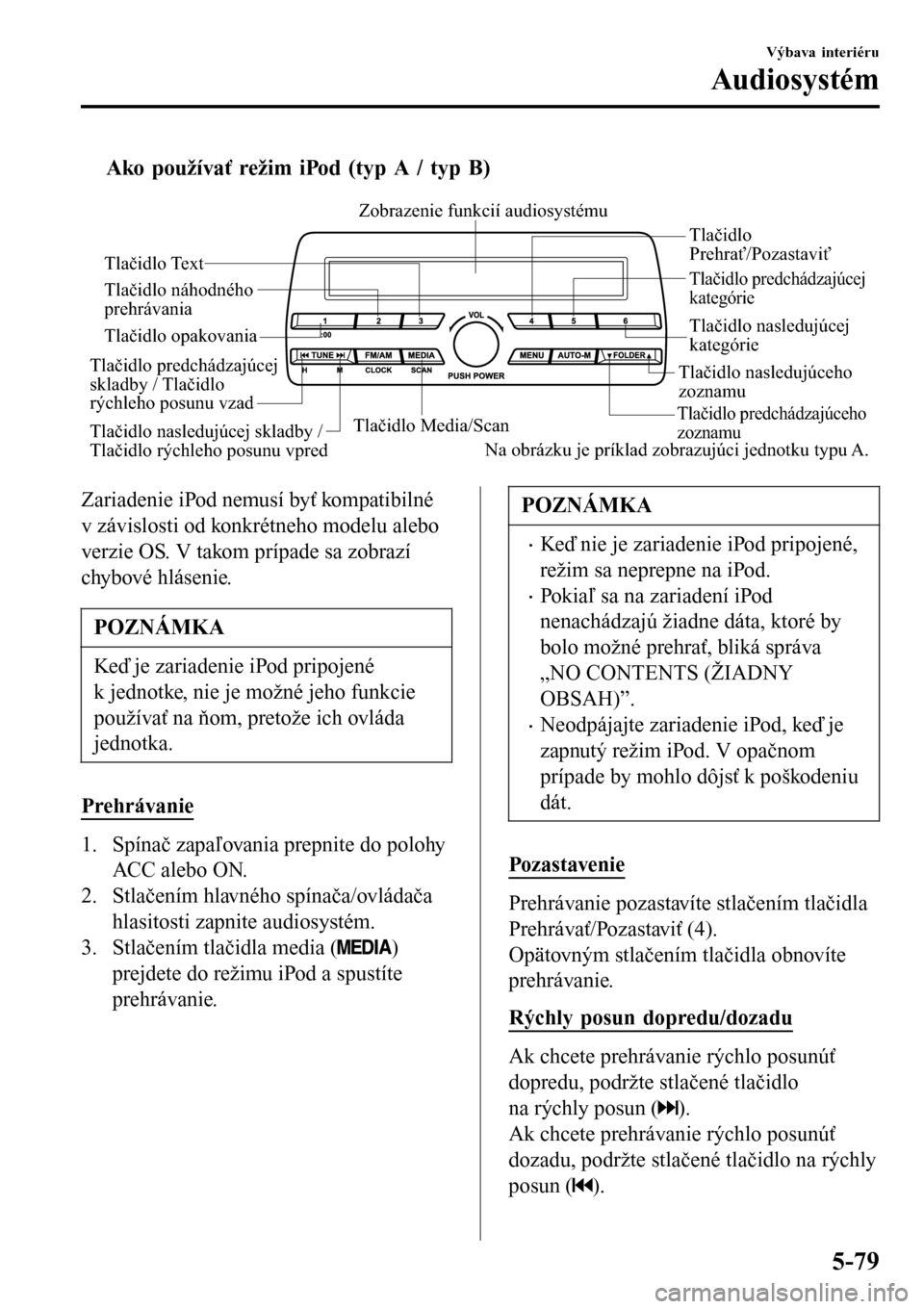 MAZDA MODEL 3 HATCHBACK 2016 Užívateľská príručka (in Slovak) tAko používať režim iPod (typ A / typ B)
Tlačidlo Media/ScanTlačidlo predchádzajúceho
zoznamu
Tlačidlo nasledujúceho
zoznamuTlačidlo
Prehrať/Pozastaviť
Tlačidlo náhodného
prehráva MAZDA MODEL 3 HATCHBACK 2016 Užívateľská príručka (in Slovak) tAko používať režim iPod (typ A / typ B)
Tlačidlo Media/ScanTlačidlo predchádzajúceho
zoznamu
Tlačidlo nasledujúceho
zoznamuTlačidlo
Prehrať/Pozastaviť
Tlačidlo náhodného
prehráva