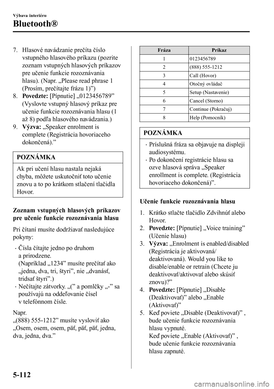 MAZDA MODEL 3 HATCHBACK 2016 Užívateľská príručka (in Slovak) 7. Hlasové navádzanie prečíta číslo
vstupného hlasového príkazu (pozrite
zoznam vstupných hlasových príkazov
pre učenie funkcie rozoznávania
hlasu). (Napr. „Please read phrase 1
(Pros MAZDA MODEL 3 HATCHBACK 2016 Užívateľská príručka (in Slovak) 7. Hlasové navádzanie prečíta číslo
vstupného hlasového príkazu (pozrite
zoznam vstupných hlasových príkazov
pre učenie funkcie rozoznávania
hlasu). (Napr. „Please read phrase 1
(Pros