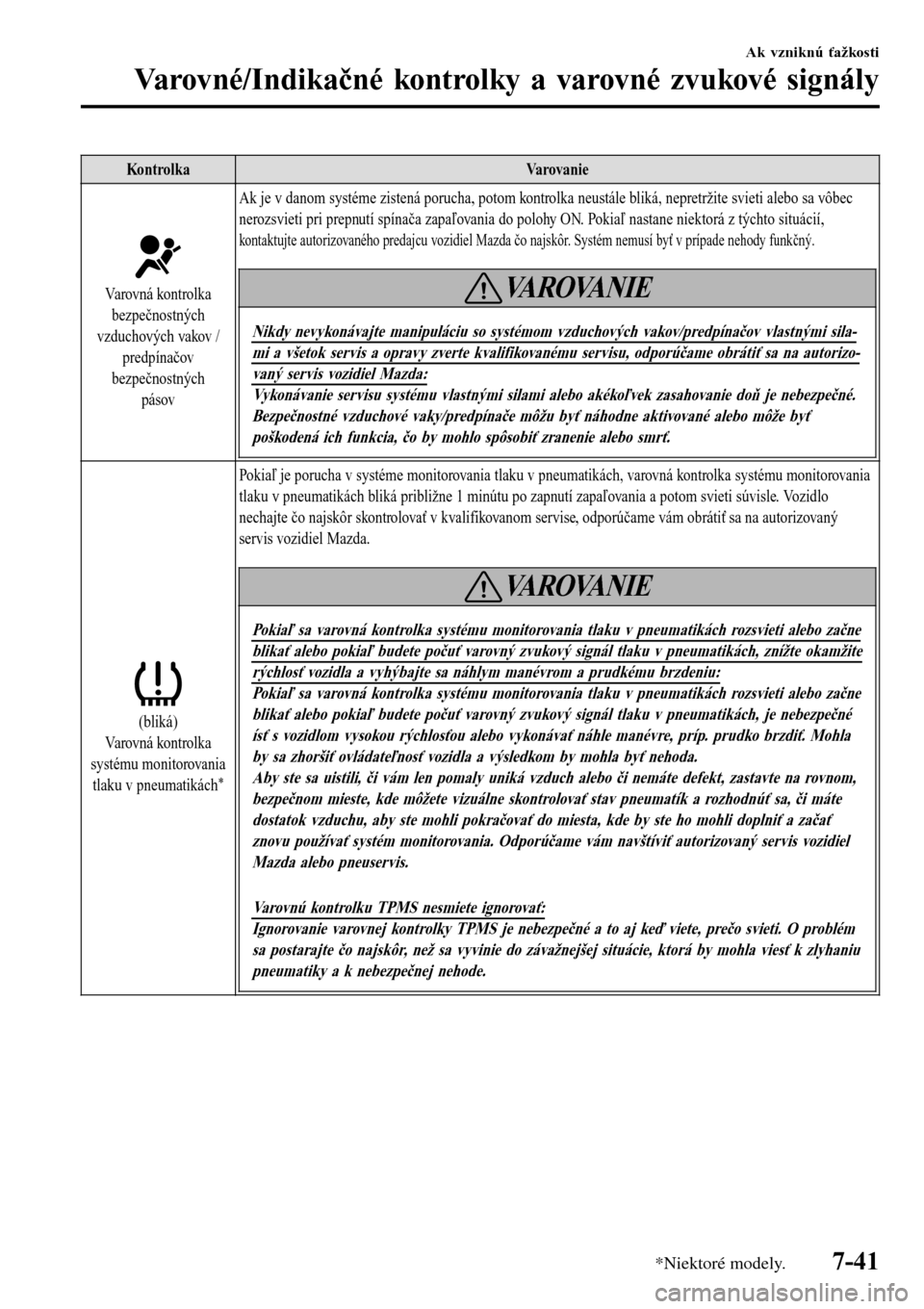 MAZDA MODEL 3 HATCHBACK 2016  Užívateľská príručka (in Slovak) Ko n t ro lk aVarovanie
Varovná kontrolka
bezpečnostných
vzduchových vakov /
predpínačov
bezpečnostných
pásovAk je v danom systéme zistená porucha, potom kontrolka neustále bliká, nepretr