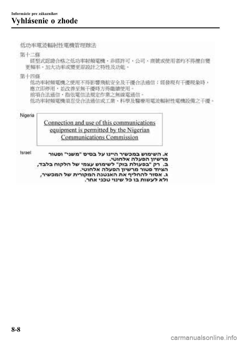 MAZDA MODEL 3 HATCHBACK 2016  Užívateľská príručka (in Slovak) Informácie pre zákazníkov
Vyhlásenie o zhode
8-8 