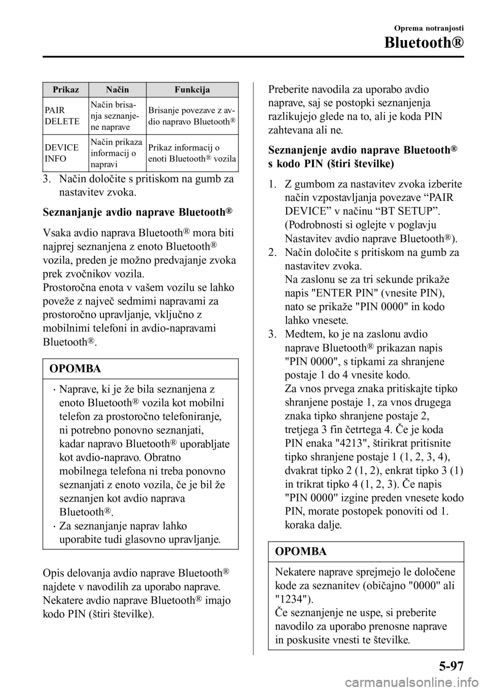 MAZDA MODEL 3 HATCHBACK 2016 Priročnik za lastnika (in Slovenian) Prikaz Način Funkcija
PA I R
DELETENačin brisa-
nja seznanje-
ne napraveBrisanje povezave z av-
dio napravo Bluetooth
®
DEVICE
INFONačin prikaza
informacij o
napraviPrikaz informacij o
enoti Bluet MAZDA MODEL 3 HATCHBACK 2016 Priročnik za lastnika (in Slovenian) Prikaz Način Funkcija
PA I R
DELETENačin brisa-
nja seznanje-
ne napraveBrisanje povezave z av-
dio napravo Bluetooth
®
DEVICE
INFONačin prikaza
informacij o
napraviPrikaz informacij o
enoti Bluet