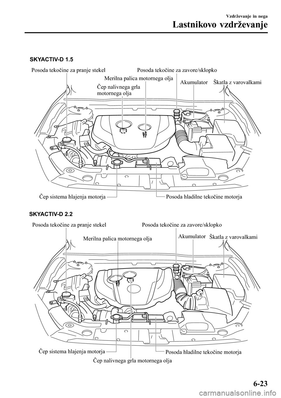 MAZDA MODEL 3 HATCHBACK 2016  Priročnik za lastnika (in Slovenian)  
Posoda tekočine za pranje stekel Posoda tekočine za zavore/sklopko
Akumulator
Škatla z varovalkami
Čep sistema hlajenja motorja Posoda hladilne tekočine motorja SKYACTIV-D 1.5
Merilna palica mo